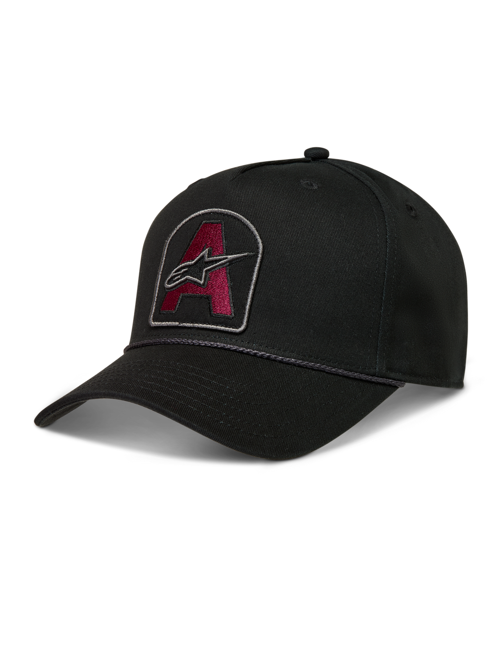 Alpinestars Acme Snapback, casquette noire en sergé avec visière courbée, écusson Astars bordeaux brodé et bordure en corde
