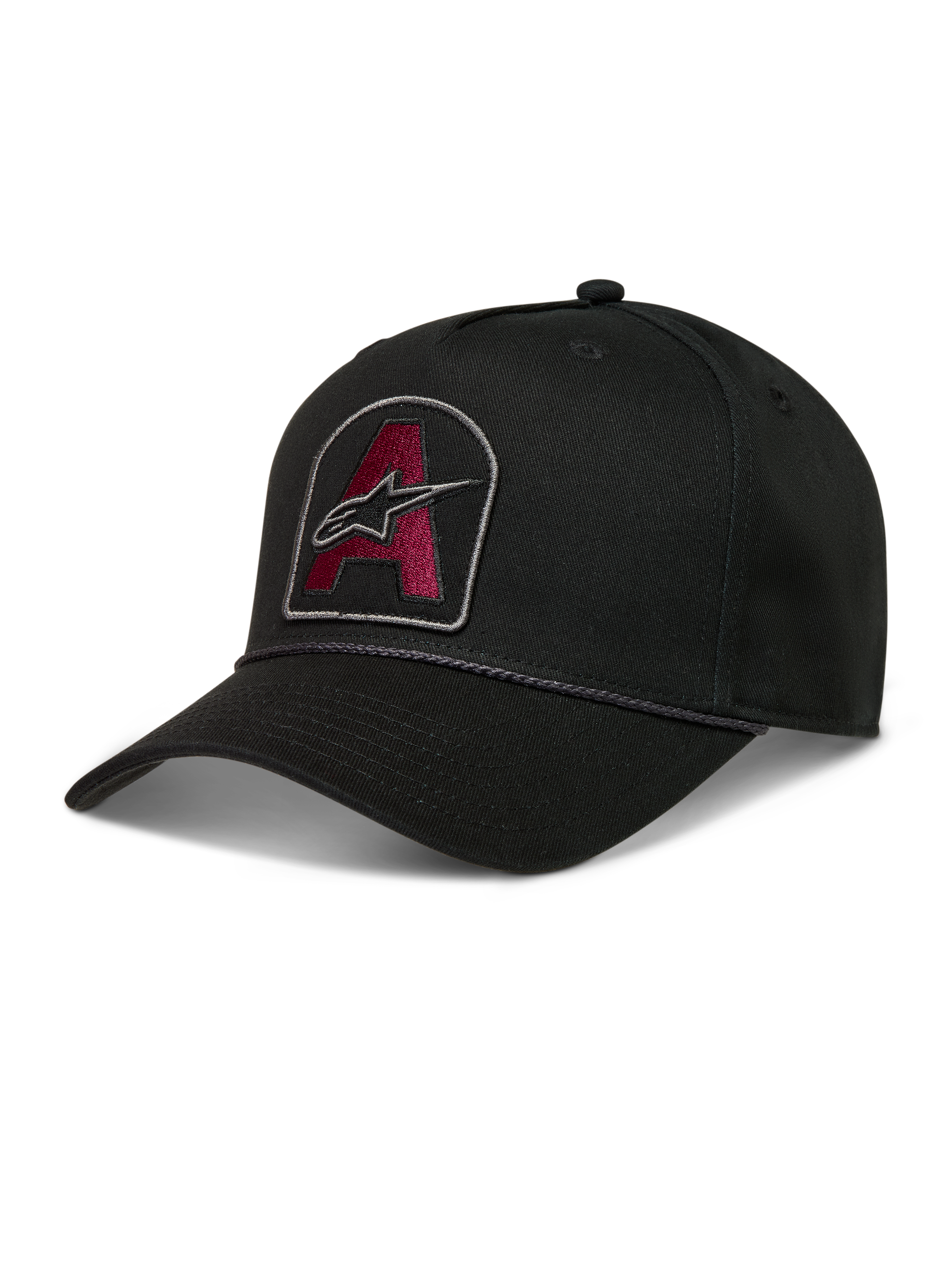 Alpinestars Acme Snapback, casquette noire en sergé avec visière courbée, écusson Astars bordeaux brodé et bordure en corde