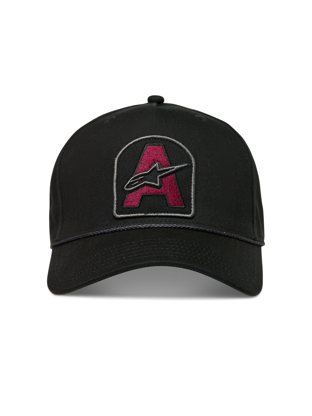 Alpinestars Acme Snapback, casquette noire, écusson Astars rouge foncé, visière courbée et bordure en corde