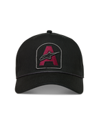 Alpinestars Acme Snapback, casquette noire, écusson Astars rouge foncé, visière courbée et bordure en corde