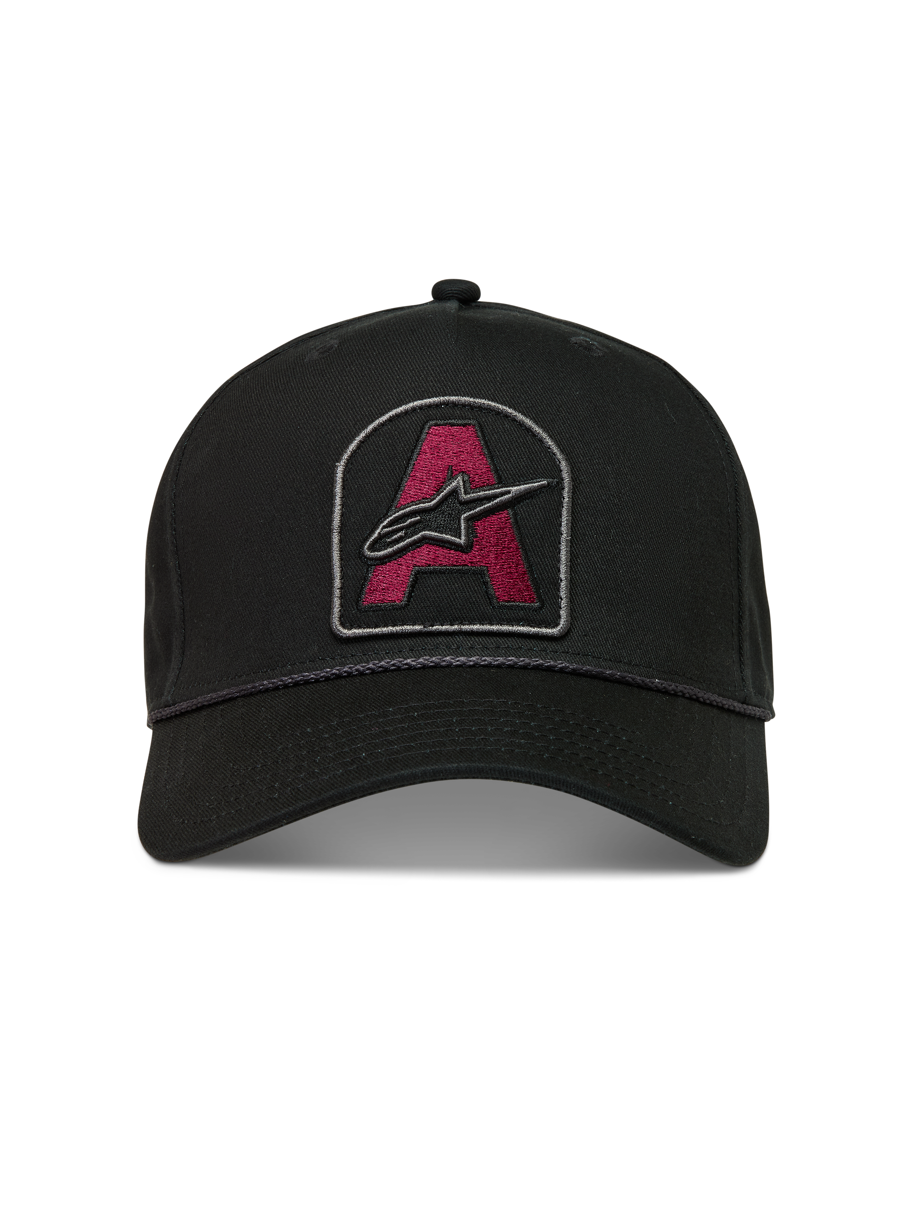 Alpinestars Acme Snapback, casquette noire, écusson Astars rouge foncé, visière courbée et bordure en corde