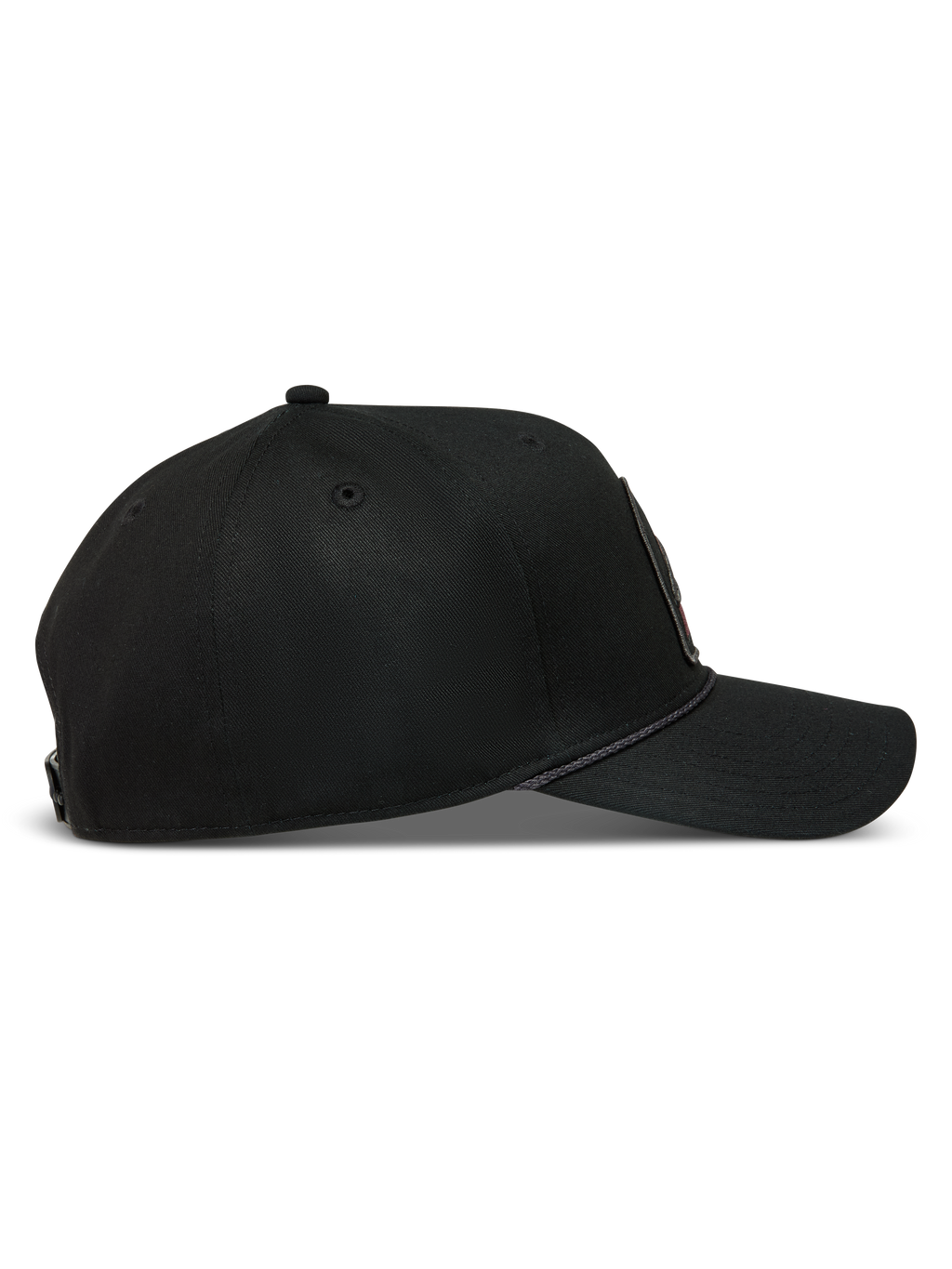 Alpinestars Acme Snapback, casquette de sportswear noire en sergé, vue de profil avec visière courbée et bordure en corde