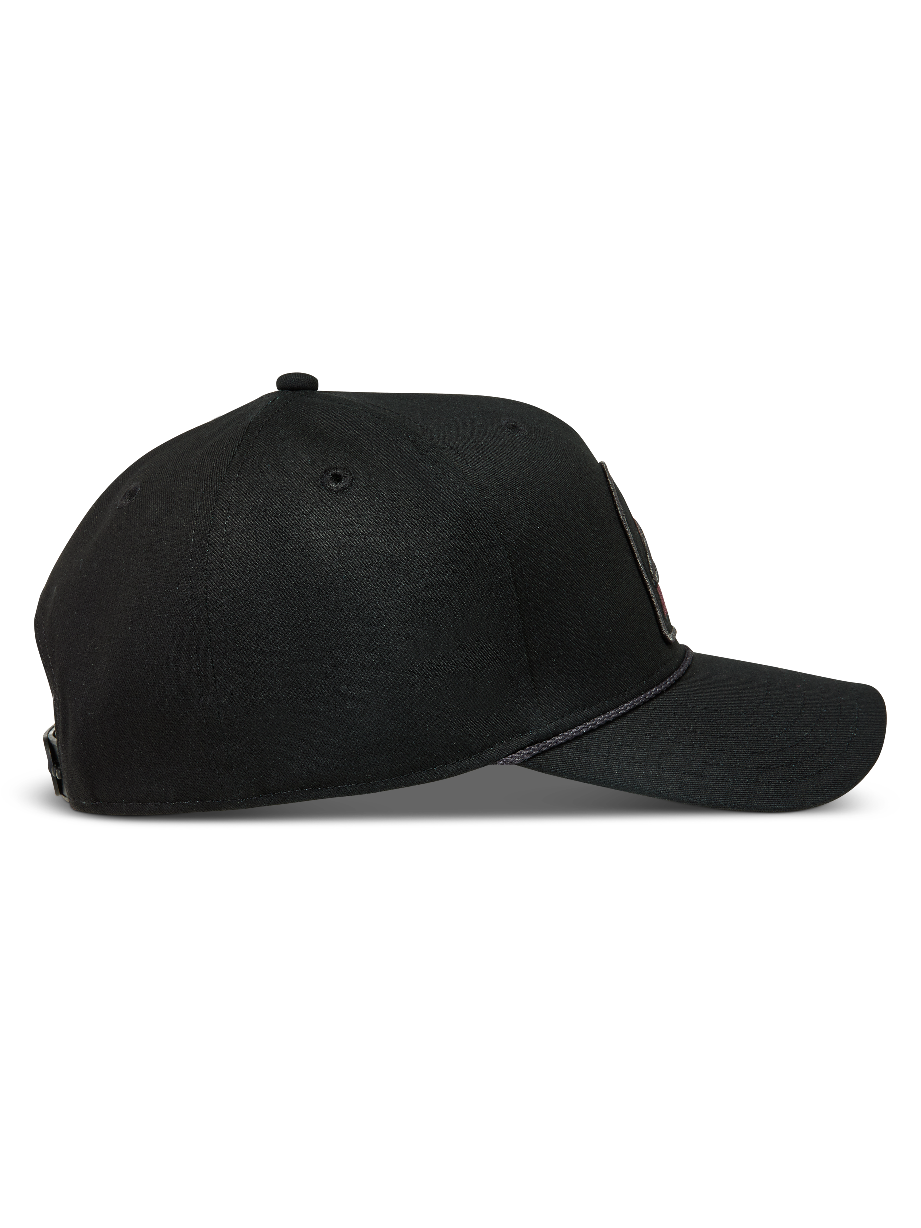 Alpinestars Acme Snapback, casquette de sportswear noire en sergé, vue de profil avec visière courbée et bordure en corde