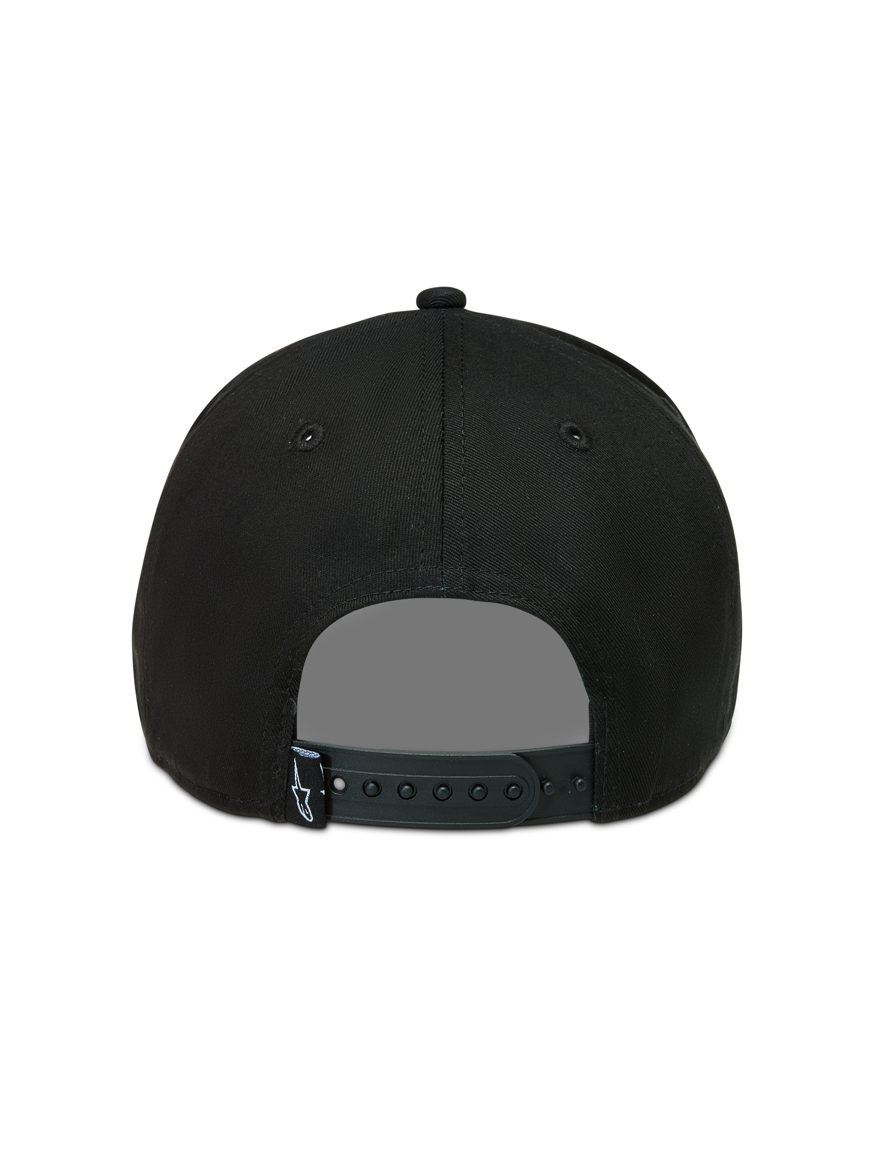Alpinestars Acme Snapback, casquette sportswear noire, vue arrière avec fermeture à pression réglable et étiquette logo