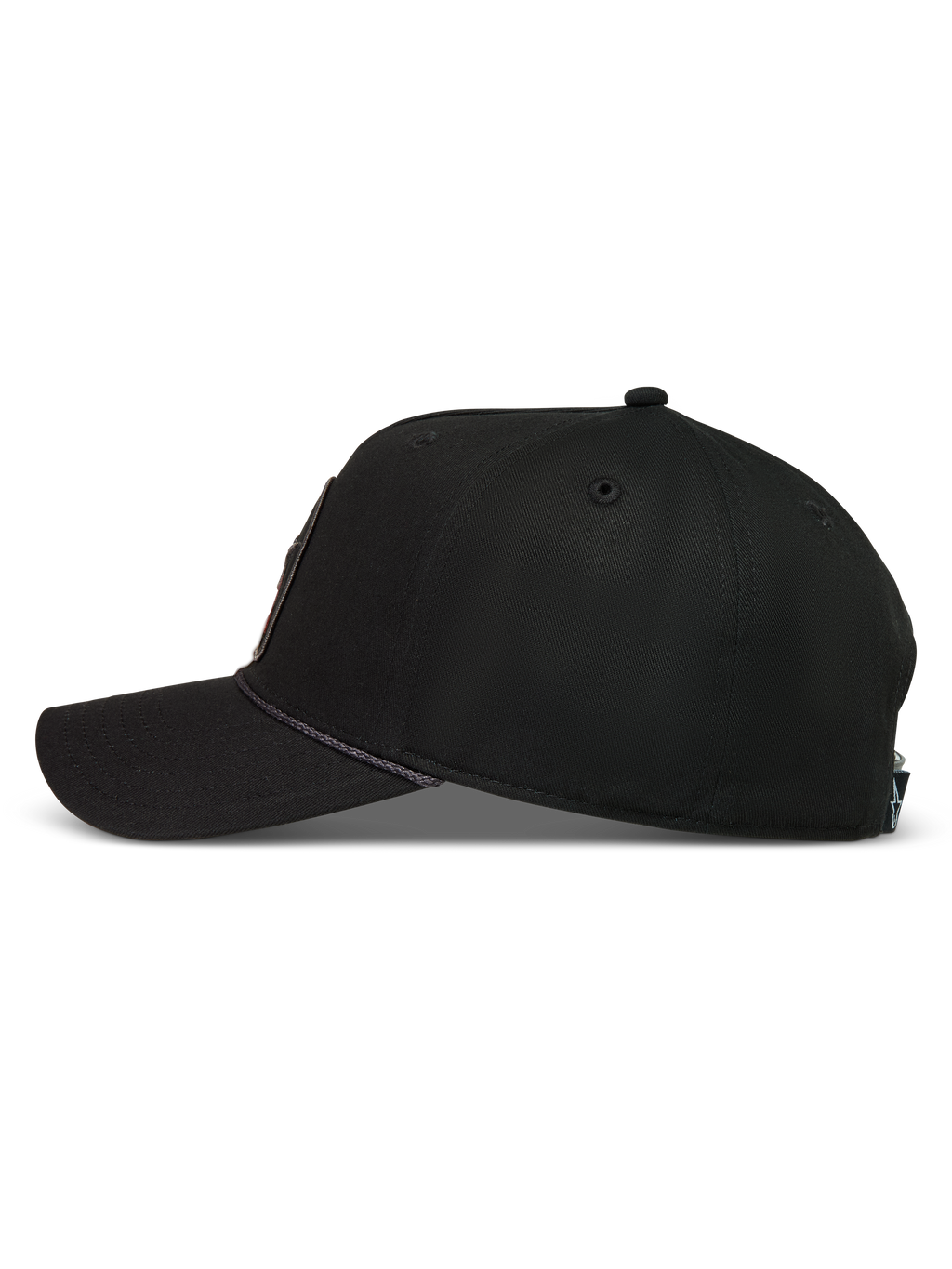 Alpinestars Acme Snapback, casquette de sportswear noire avec visière courbée et bordure en corde, vue de profil