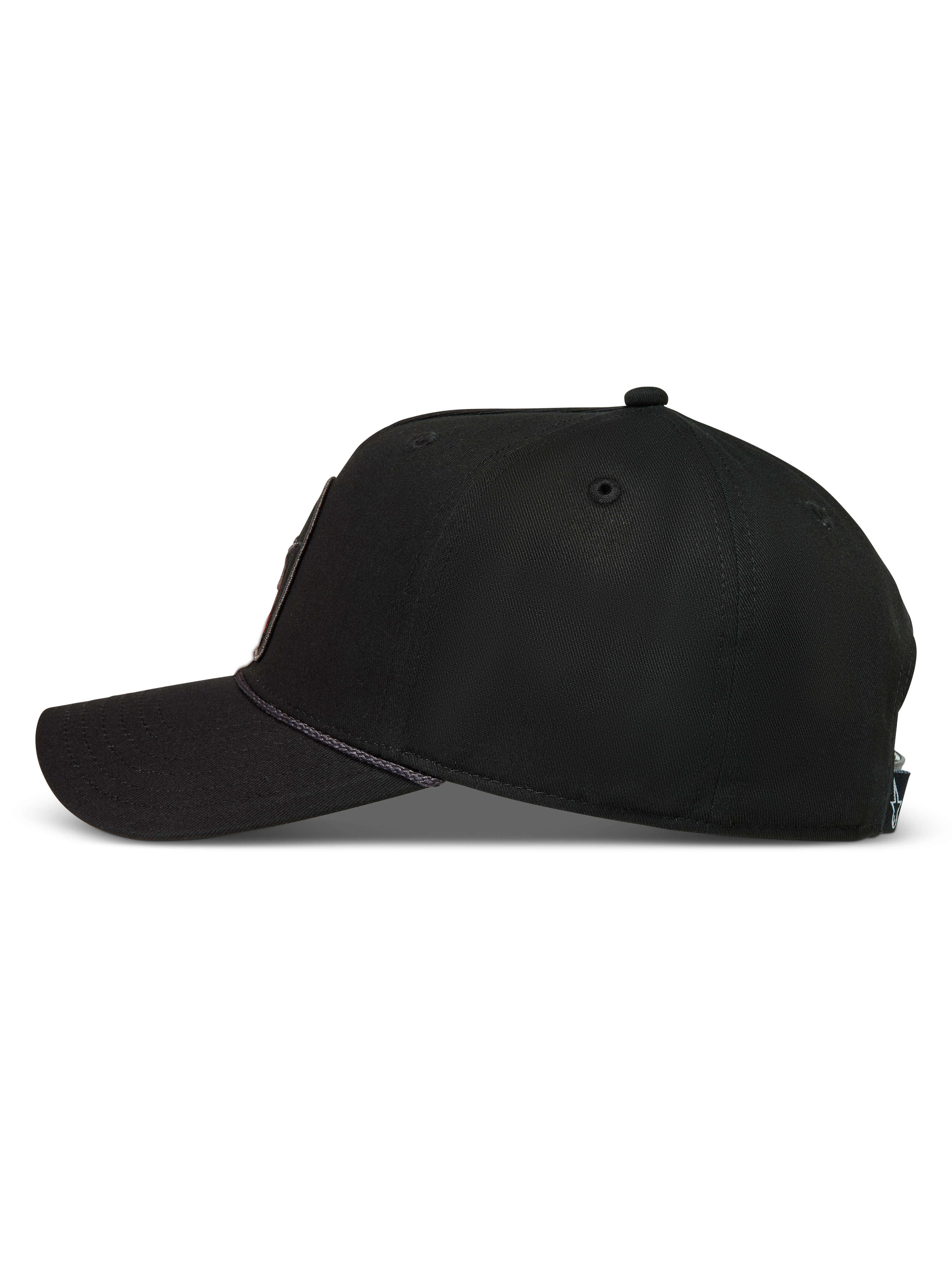 Alpinestars Acme Snapback, casquette de sportswear noire avec visière courbée et bordure en corde, vue de profil