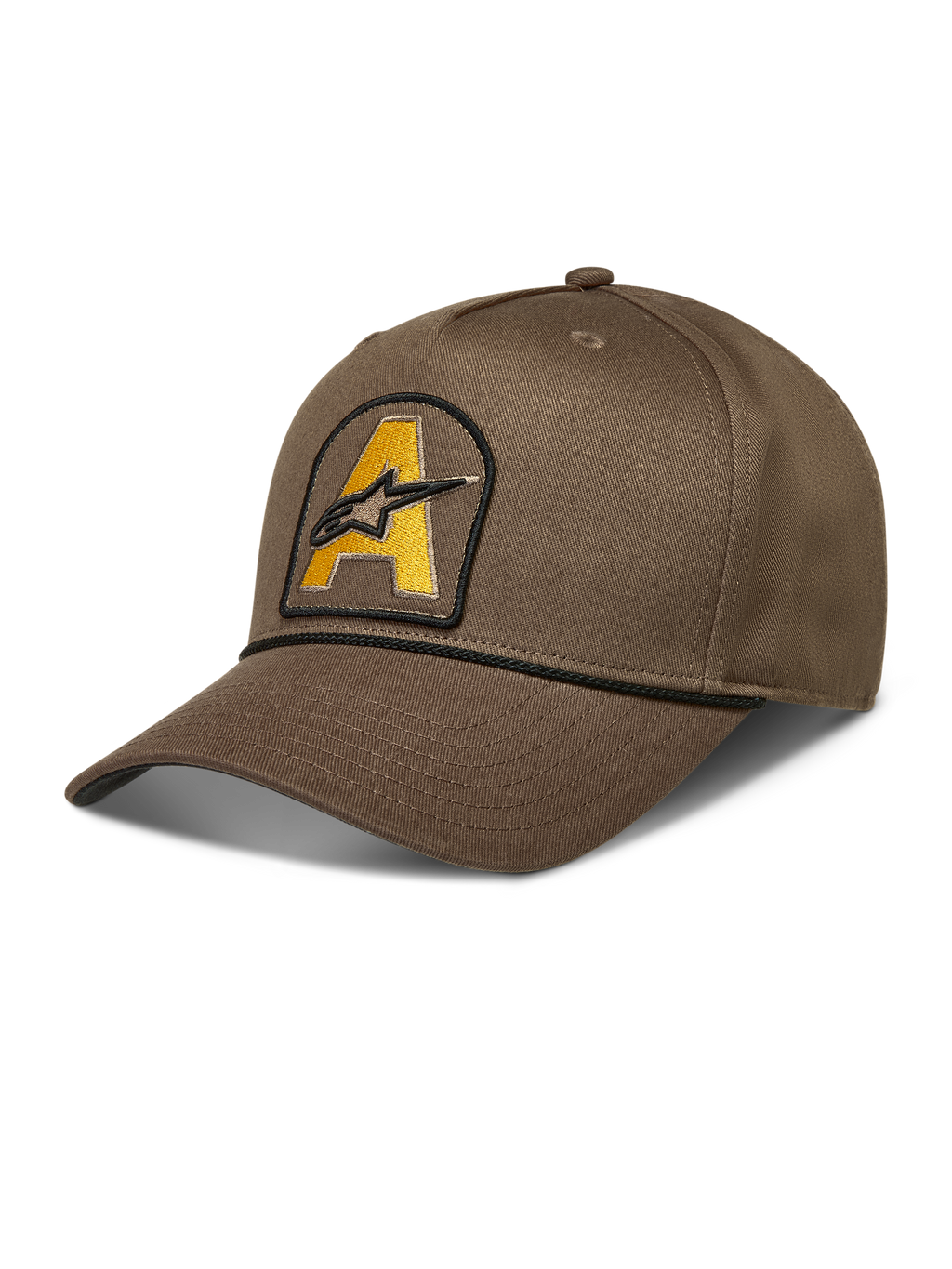 Alpinestars Acme Snapback, casquette marron de style sportswear avec visière courbée, écusson logo Astars jaune et bordure en corde noire.