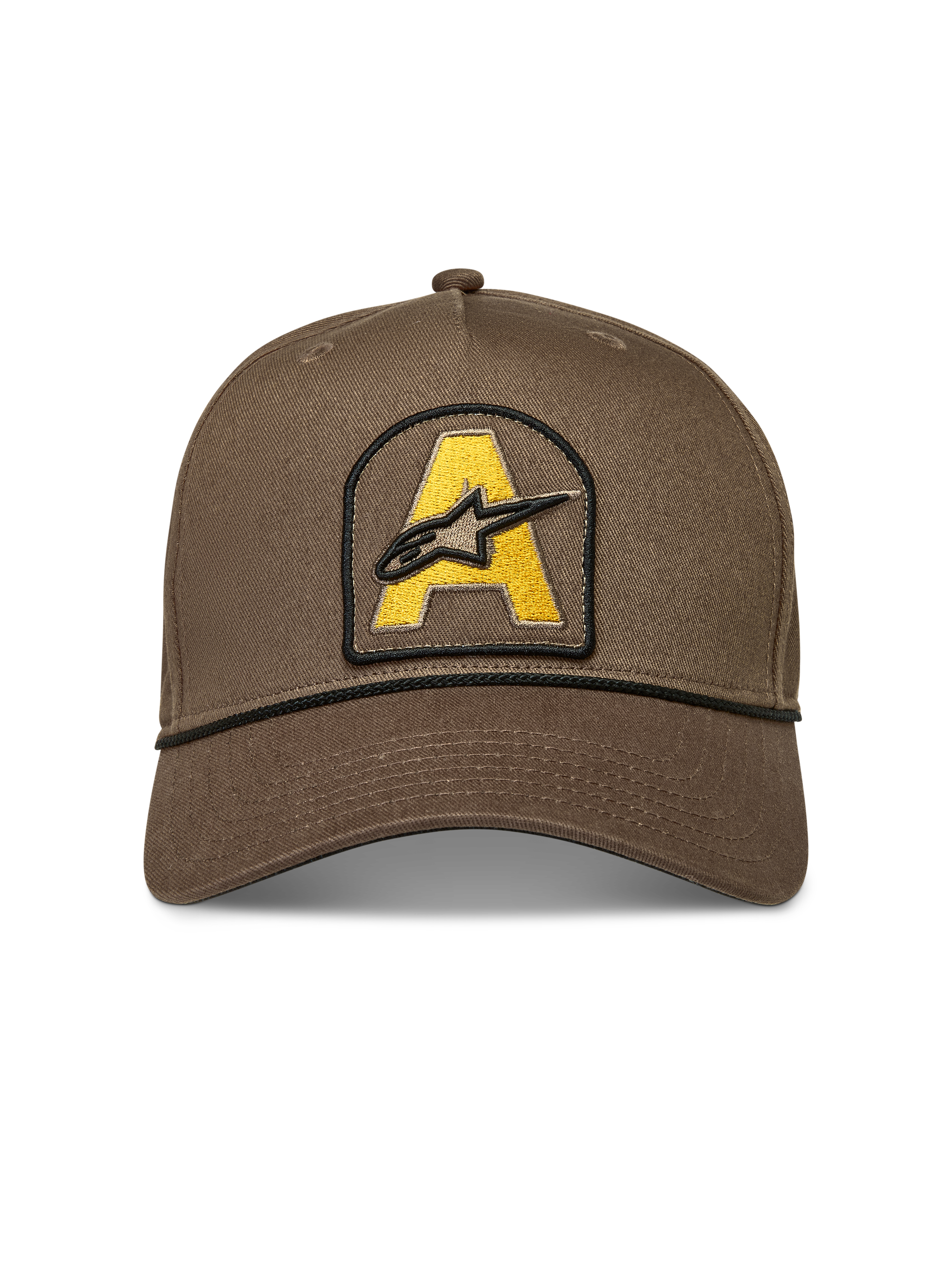 Alpinestars Acme Snapback, casquette de sportswear marron avec écusson brodé jaune et bordure en corde noire.