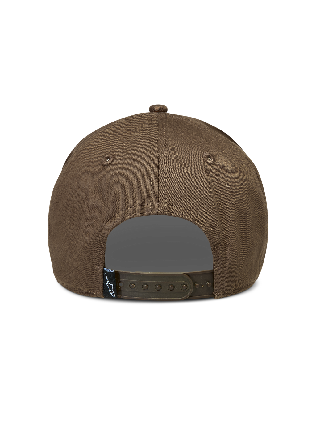 Alpinestars Acme Snapback, casquette de sportswear marron en sergé, vue de dos avec fermeture à pression et étiquette logo.