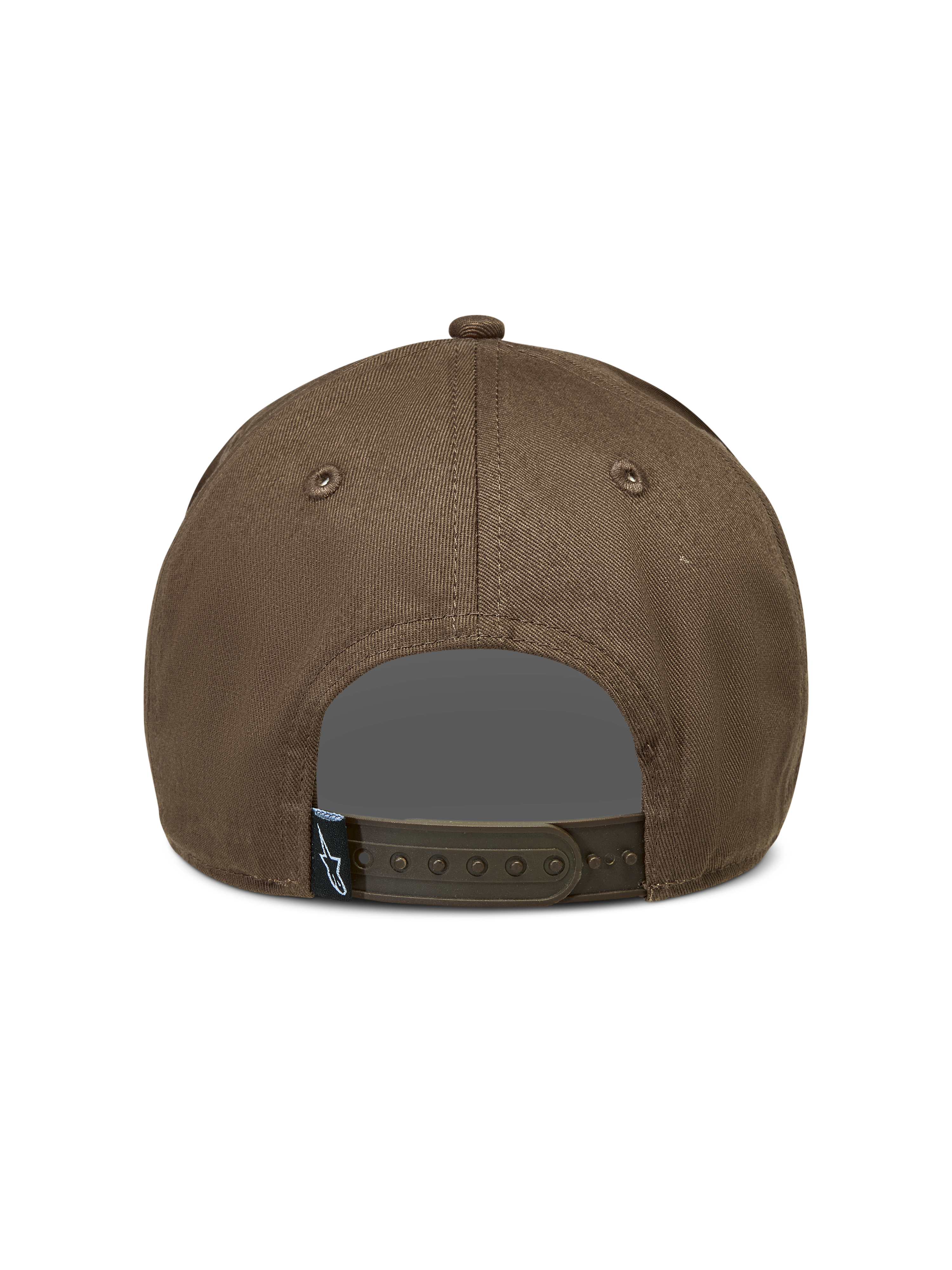 Alpinestars Acme Snapback, casquette de sportswear marron en sergé, vue de dos avec fermeture à pression et étiquette logo.