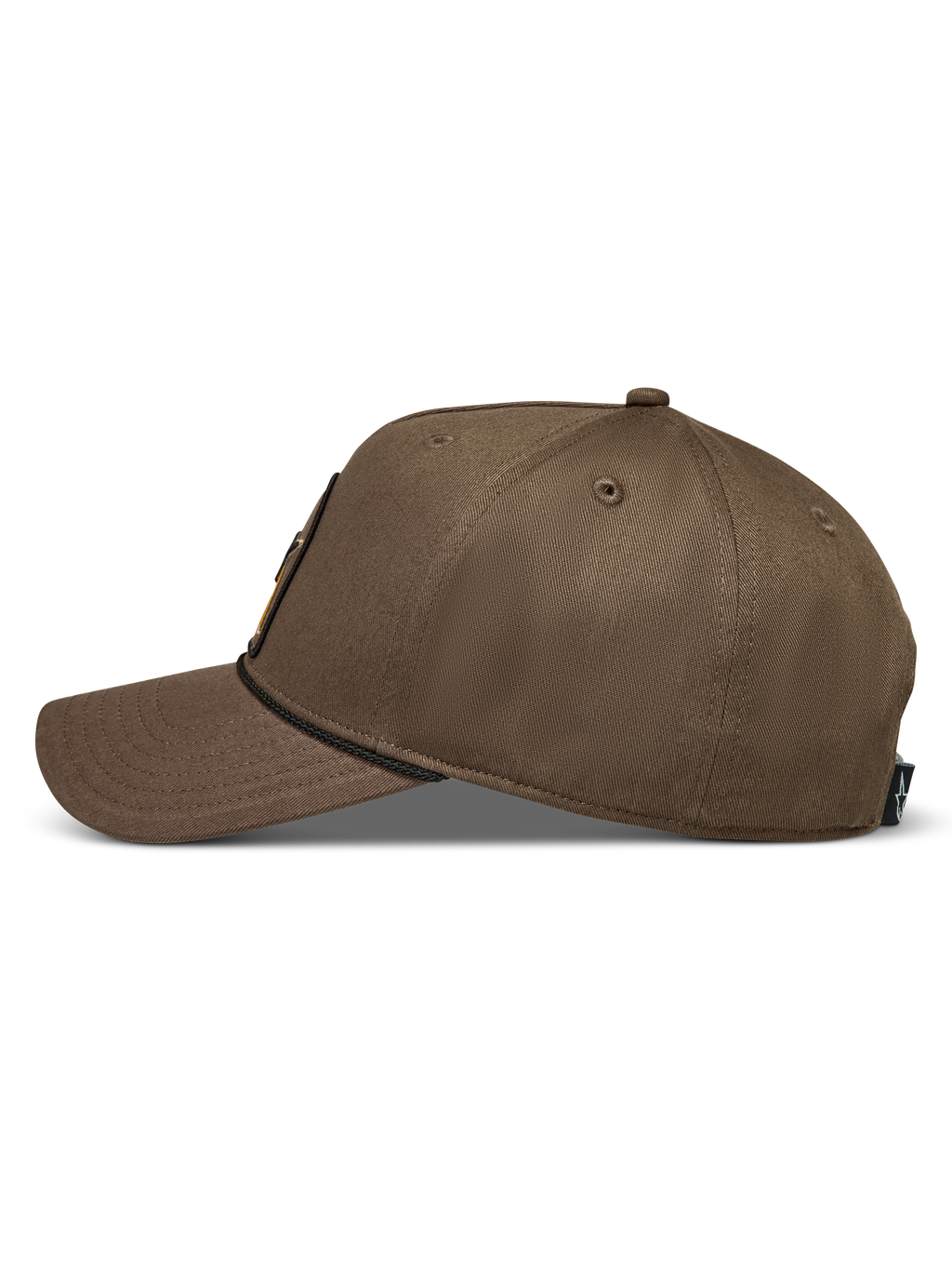 Alpinestars Acme Snapback, casquette marron en sergé, vue de profil avec visière courbée et bordure en corde.