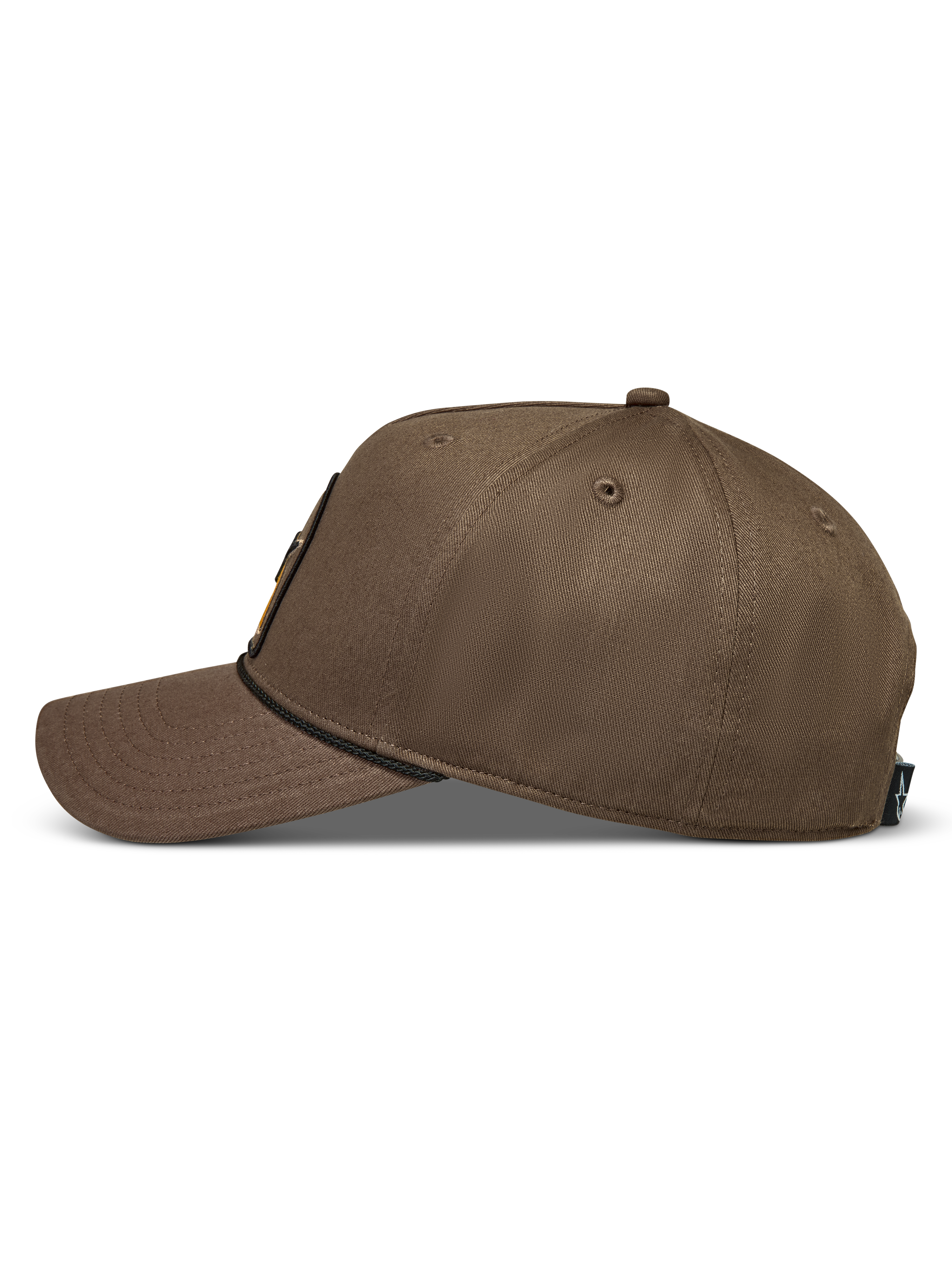 Alpinestars Acme Snapback, casquette marron en sergé, vue de profil avec visière courbée et bordure en corde.