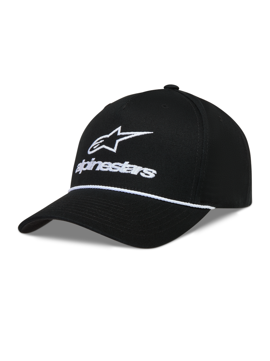 Alpinestars Combo Logo Snapback Casquette, casquette de sportswear noire et blanche, visière courbée avec broderie logo Astars et détail de cordon blanc.