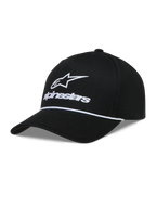 Alpinestars Combo Logo Snapback Casquette, casquette de sportswear noire et blanche, visière courbée avec broderie logo Astars et détail de cordon blanc.