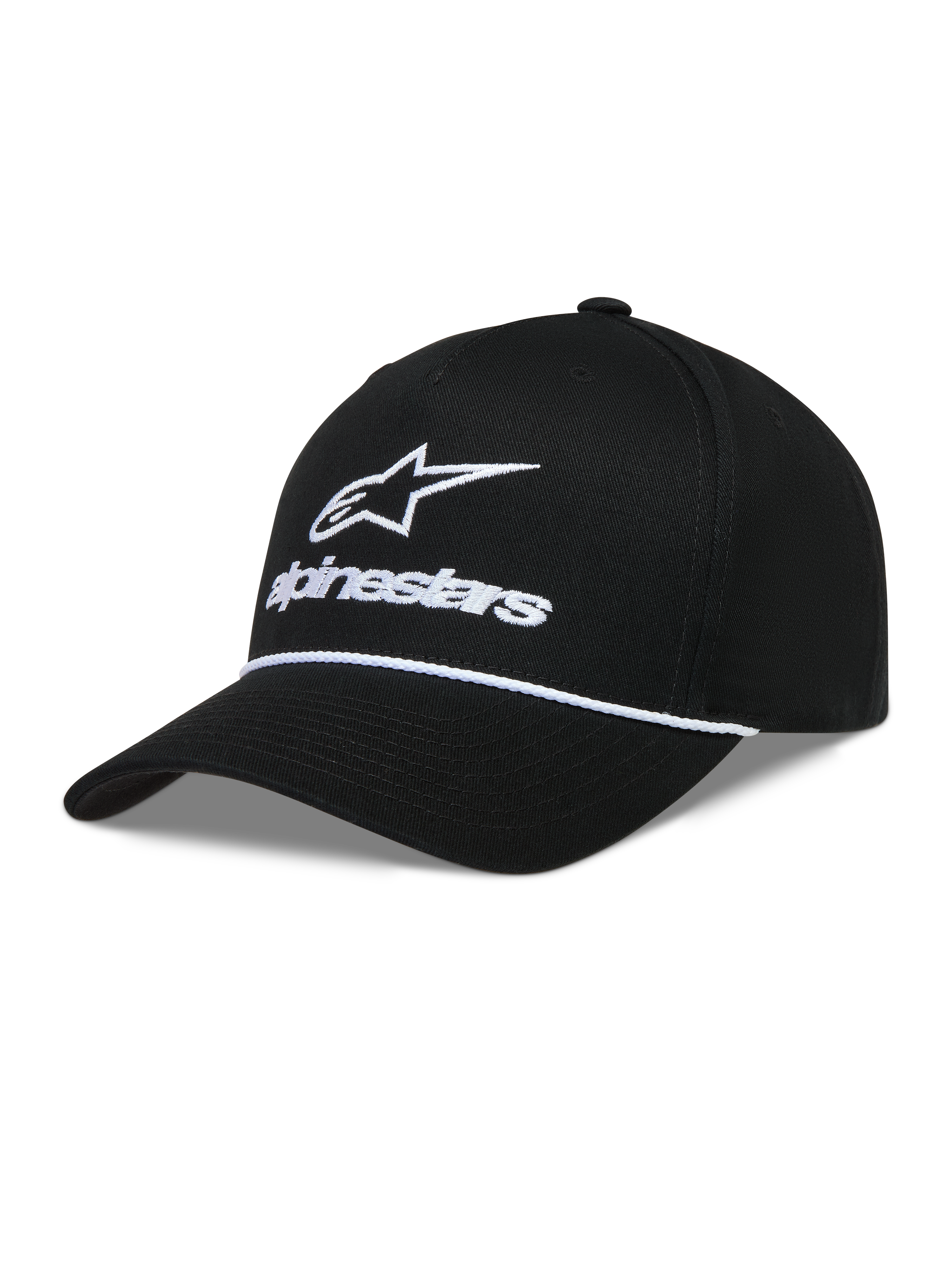 Alpinestars Combo Logo Snapback Casquette, casquette de sportswear noire et blanche, visière courbée avec broderie logo Astars et détail de cordon blanc.