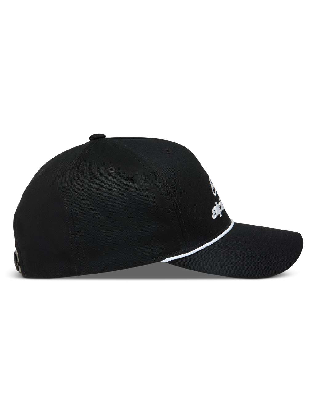 Alpinestars Combo Logo Snapback, casquette sportswear noire, vue de profil avec visière courbée et détail de corde blanche