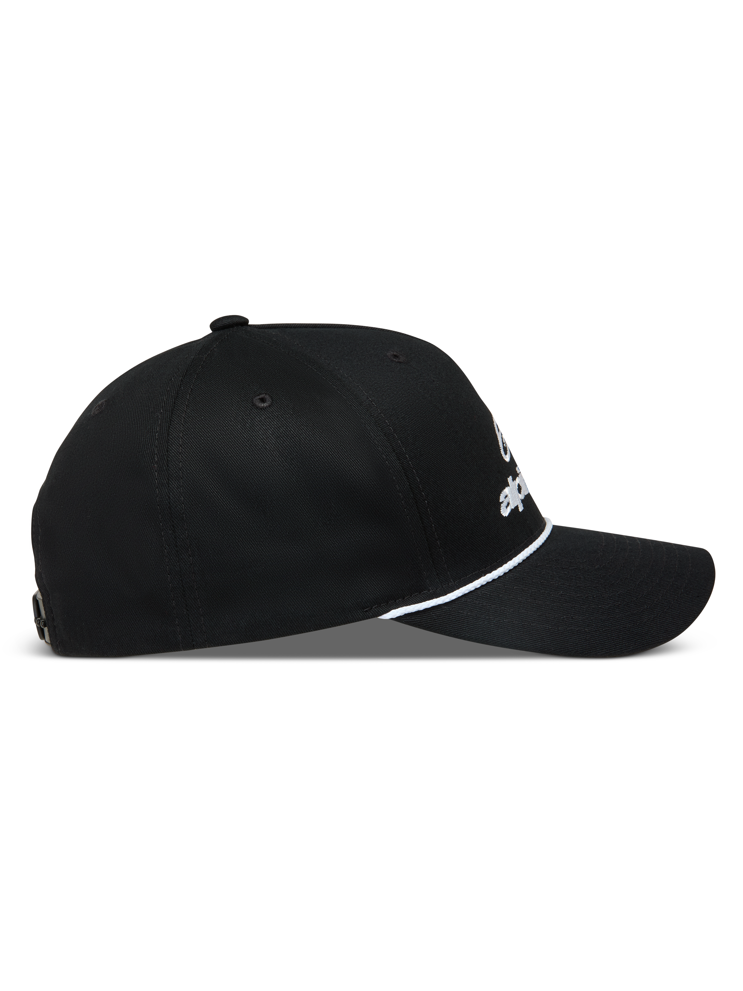 Alpinestars Combo Logo Snapback, casquette sportswear noire, vue de profil avec visière courbée et détail de corde blanche
