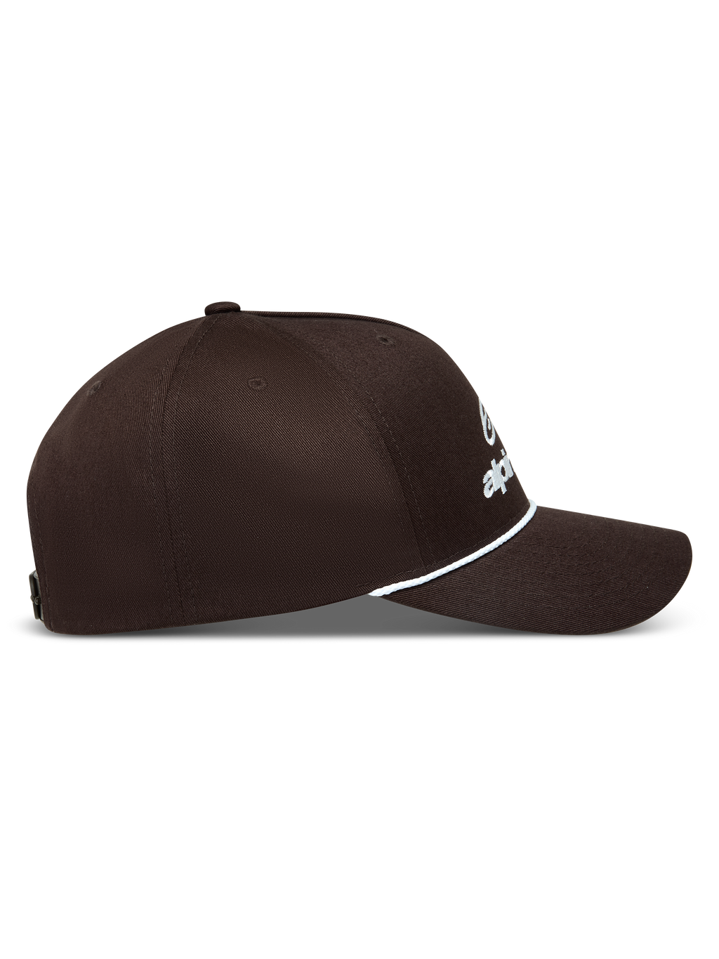 Alpinestars Combo Logo Snapback, casquette marron vue de profil, logo brodé blanc, visière courbée et cordelette blanche.