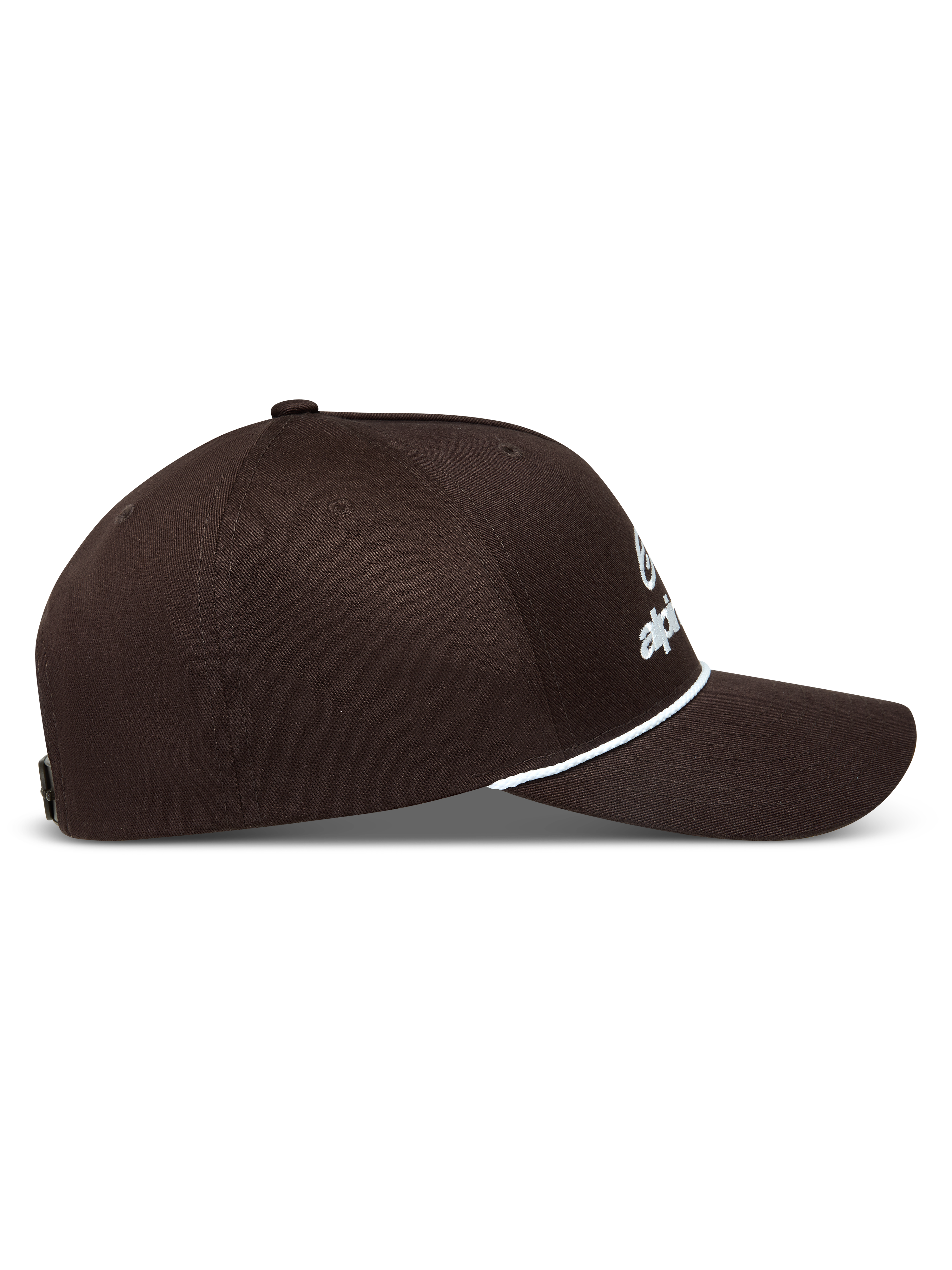 Alpinestars Combo Logo Snapback, casquette marron vue de profil, logo brodé blanc, visière courbée et cordelette blanche.
