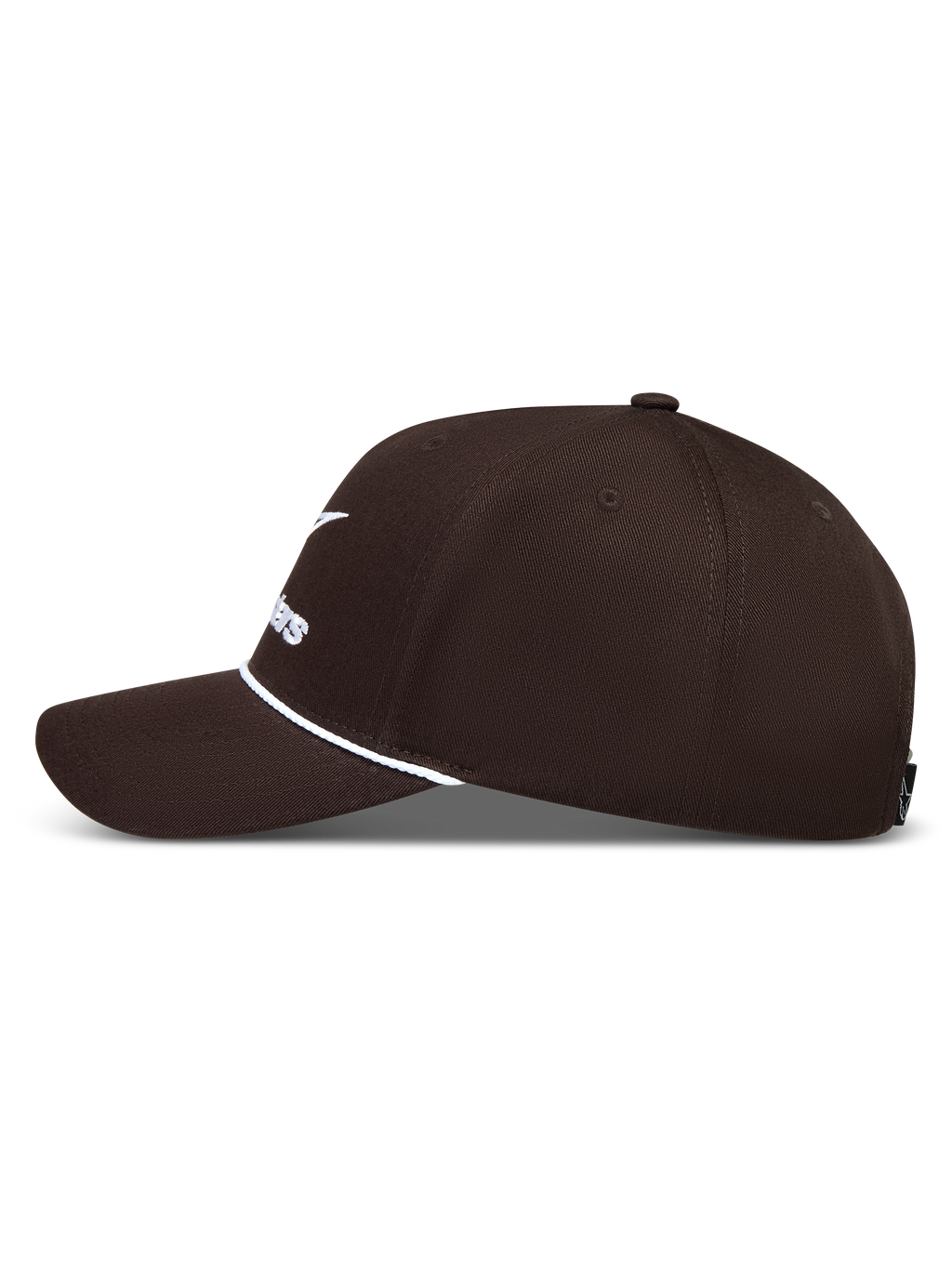 Alpinestars Combo Logo Snapback, casquette marron en sergé avec visière courbée et broderie blanche, vue de profil.