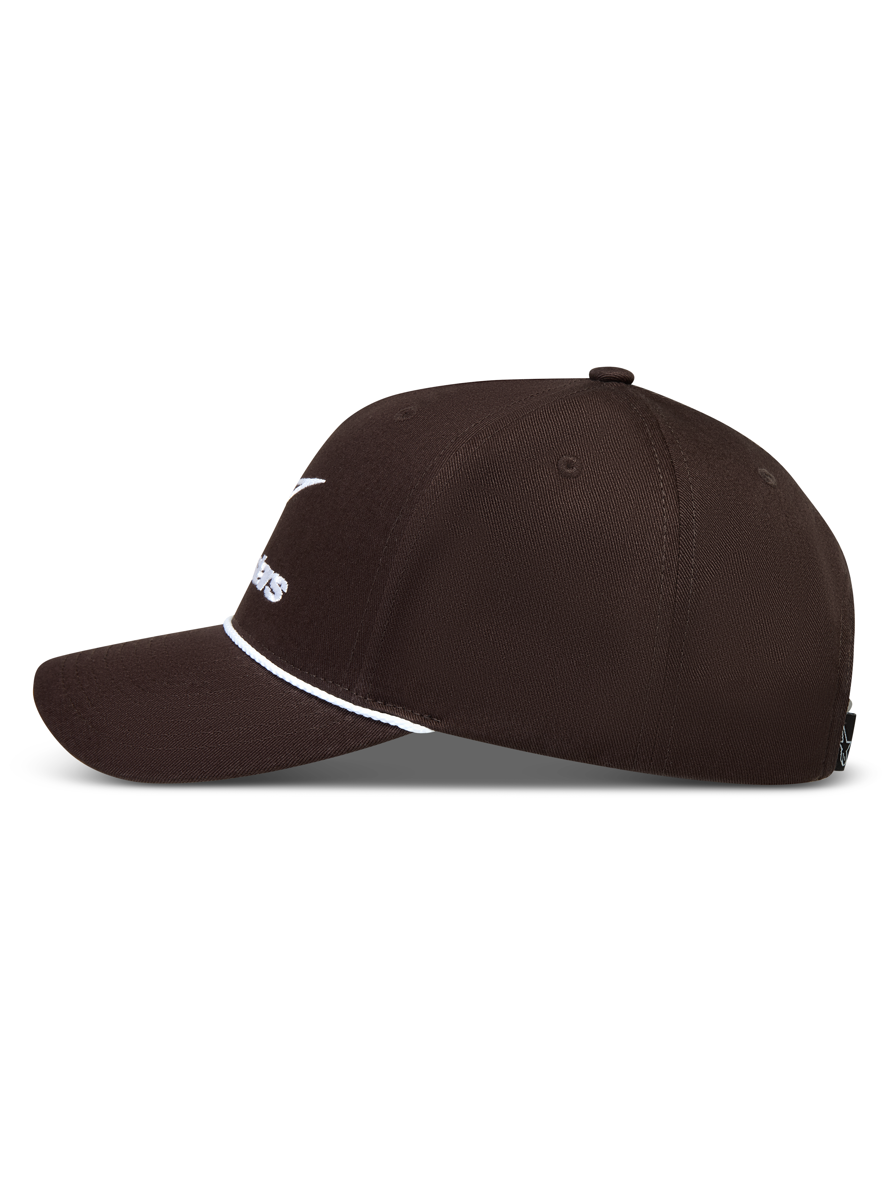 Alpinestars Combo Logo Snapback, casquette marron en sergé avec visière courbée et broderie blanche, vue de profil.