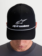 Alpinestars Combo Logo Snapback, casquette sportswear avec couronne structurée et visière courbée, mixte, noire et blanche, broderie frontale du logo Astars et cordelette décorative blanche, vue de face sur modèle