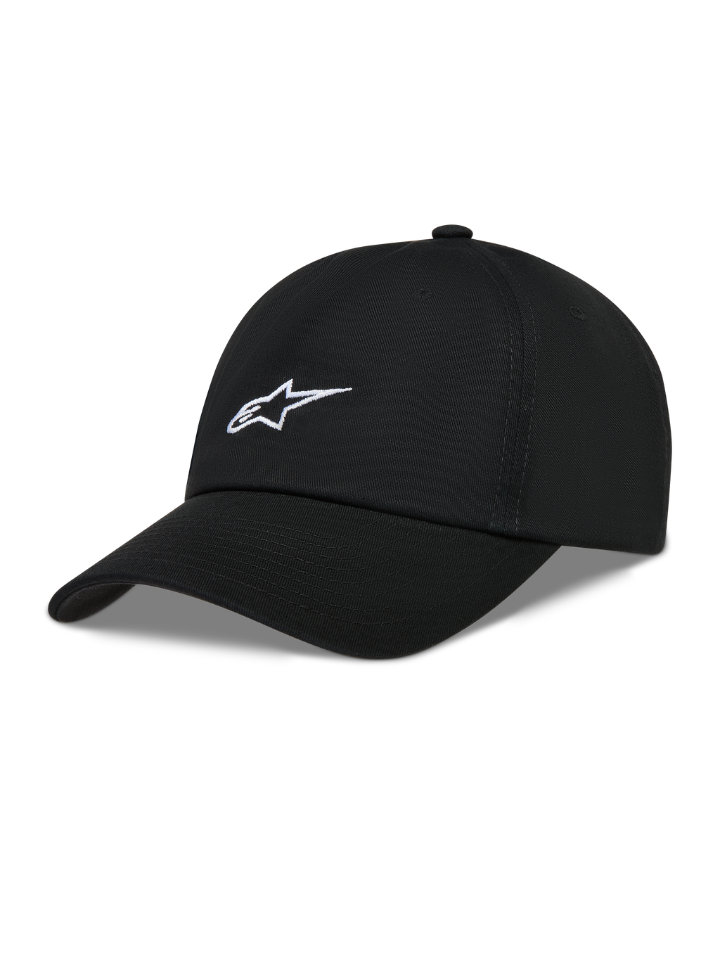 Alpinestars Dylan Dad Casquette, casquette de sportswear noire en sergé avec logo Astars blanc et visière courbée.