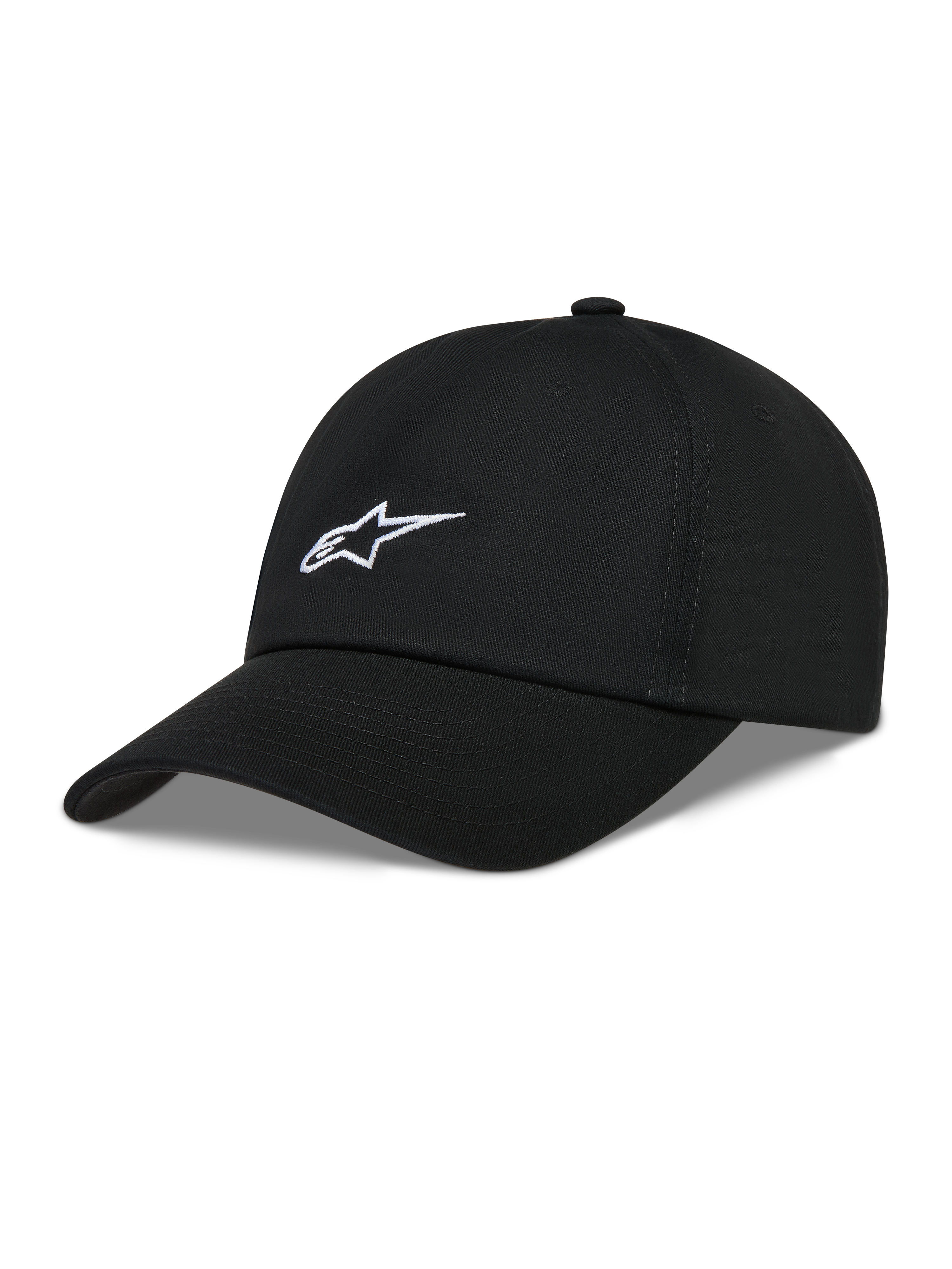 Alpinestars Dylan Dad Casquette, casquette de sportswear noire en sergé avec logo Astars blanc et visière courbée.