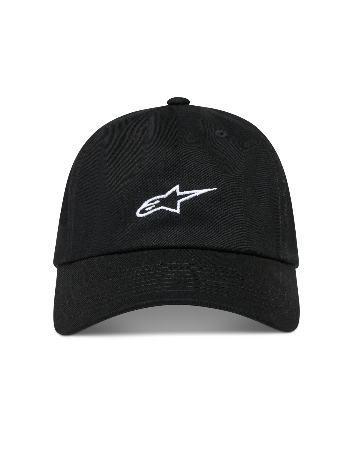 Alpinestars Dylan Dad Kappe, schwarze Sportswear-Kappe aus Baumwoll-Twill mit weißer Astars-Logo-Stickerei und gebogenem Schirm.
