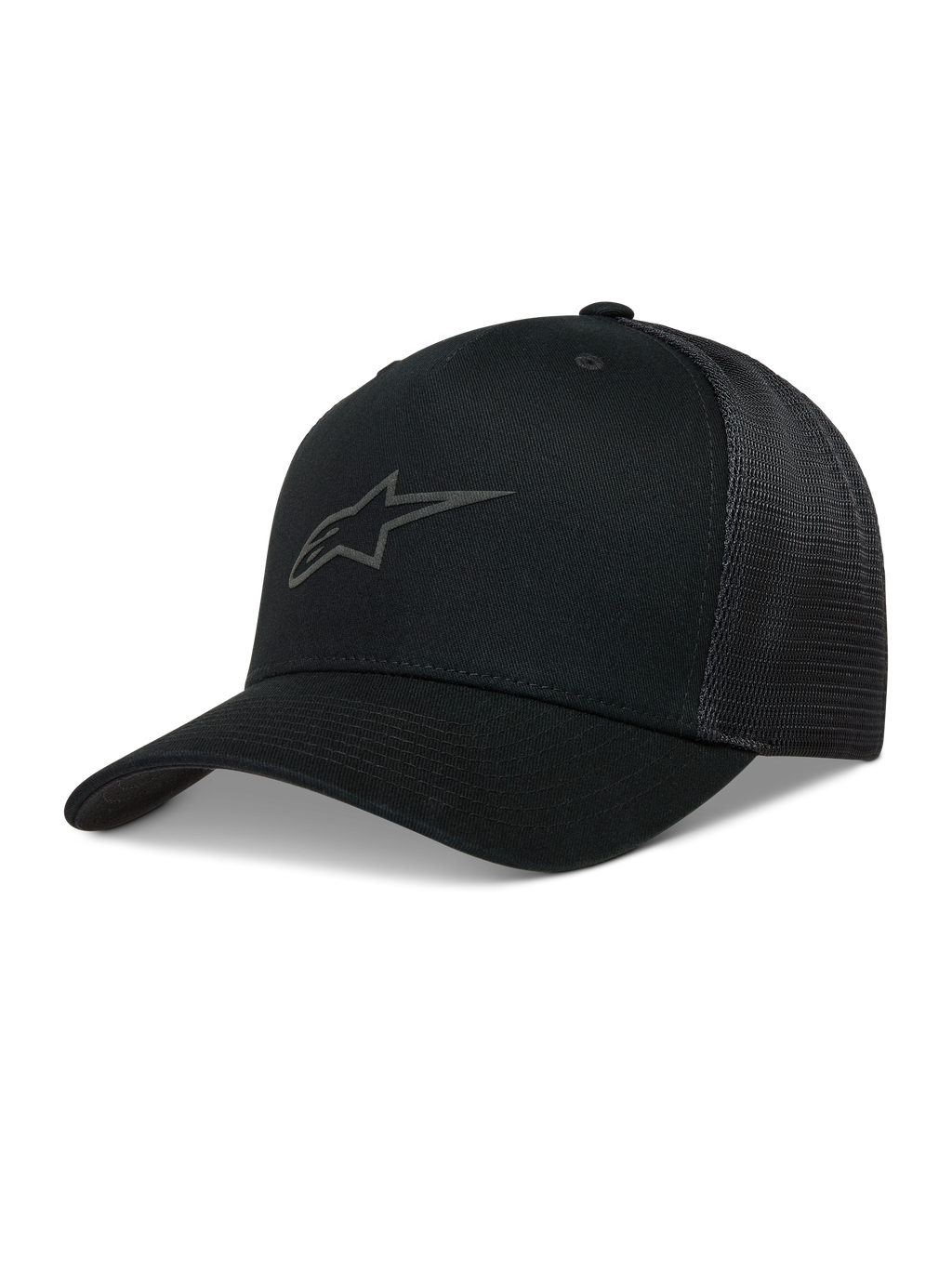 Alpinestars Augment Trucker, casquette Trucker noire, visière incurvée, maille diamant et logo Astars en impression gonflée.