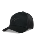 Alpinestars Augment Trucker, casquette Trucker noire, visière incurvée, maille diamant et logo Astars en impression gonflée.
