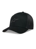 Alpinestars Augment Trucker, casquette Trucker noire, visière incurvée, maille diamant et logo Astars en impression gonflée.