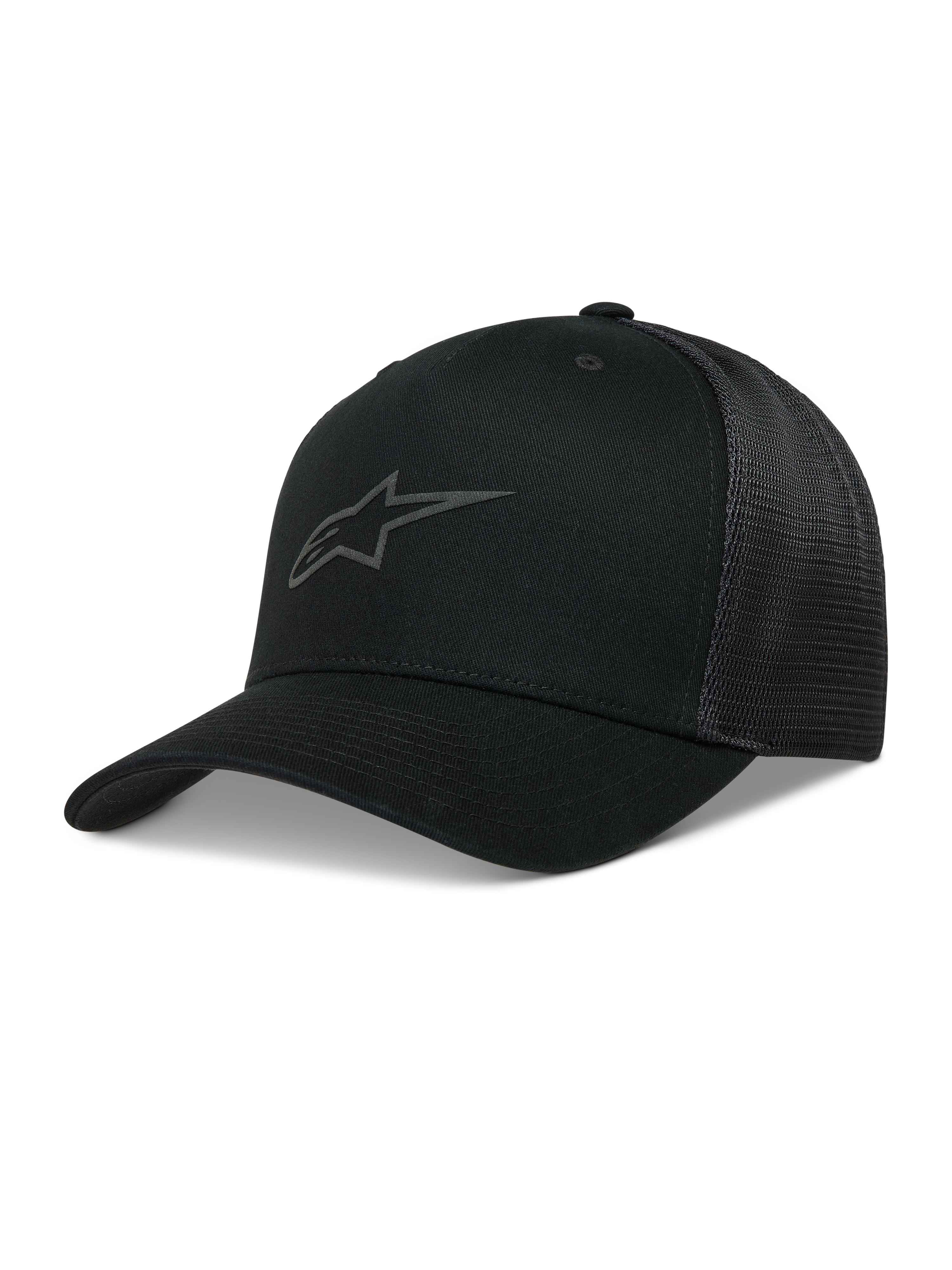 Alpinestars Augment Trucker, casquette Trucker noire, visière incurvée, maille diamant et logo Astars en impression gonflée.
