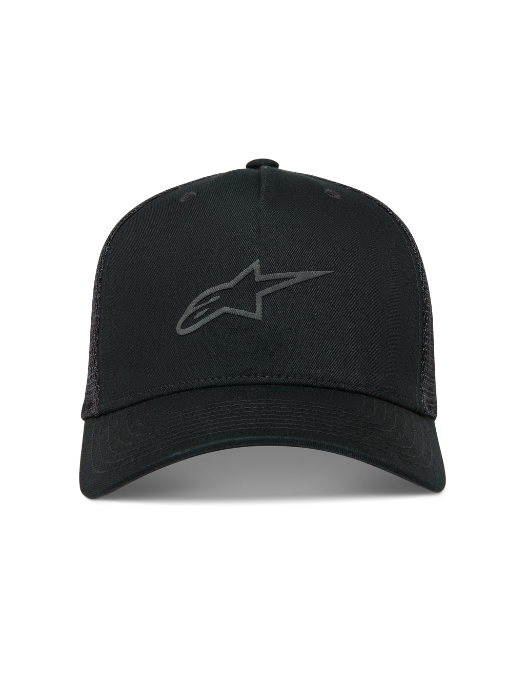 Alpinestars Augment Trucker Casquette, casquette trucker noire avec visière incurvée et logo Astars texturé.