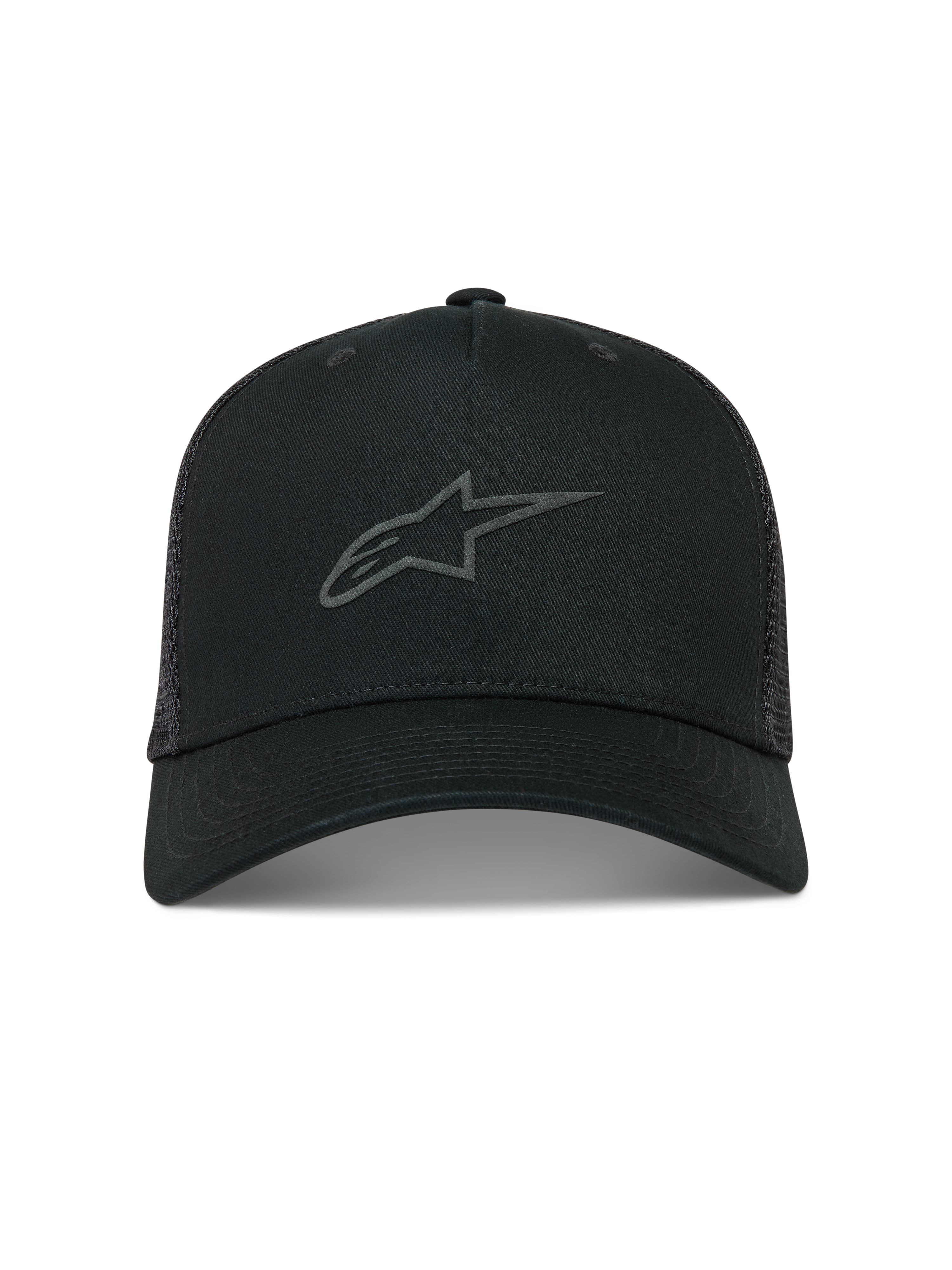 Alpinestars Augment Trucker Casquette, casquette trucker noire avec visière incurvée et logo Astars texturé.