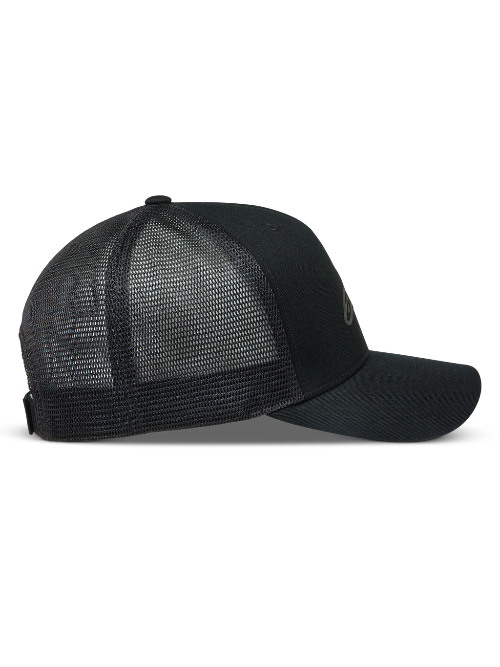 Alpinestars Augment Trucker, casquette de sportswear noire, vue de profil avec visière incurvée et maille diamant.
