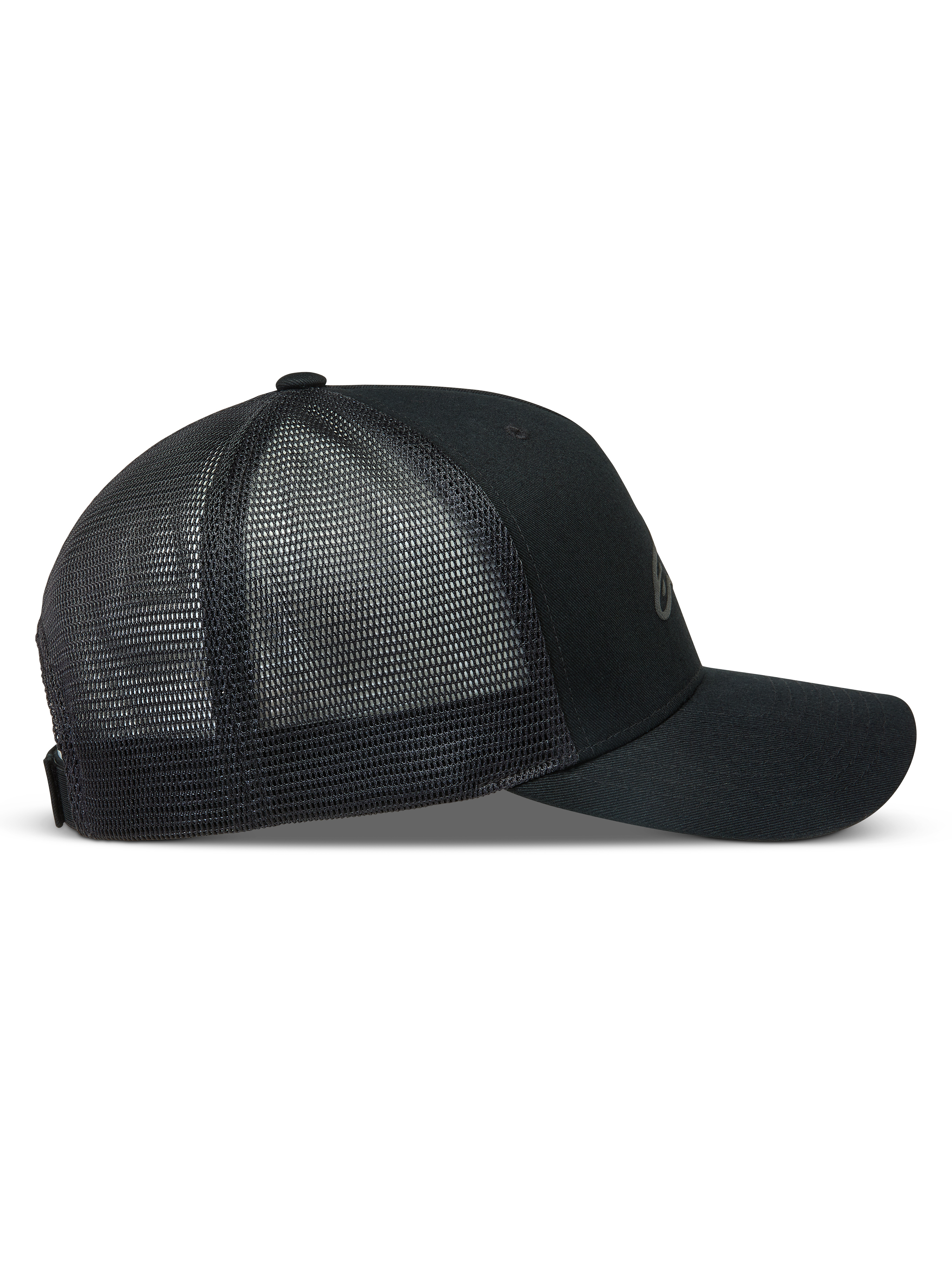 Alpinestars Augment Trucker, casquette de sportswear noire, vue de profil avec visière incurvée et maille diamant.