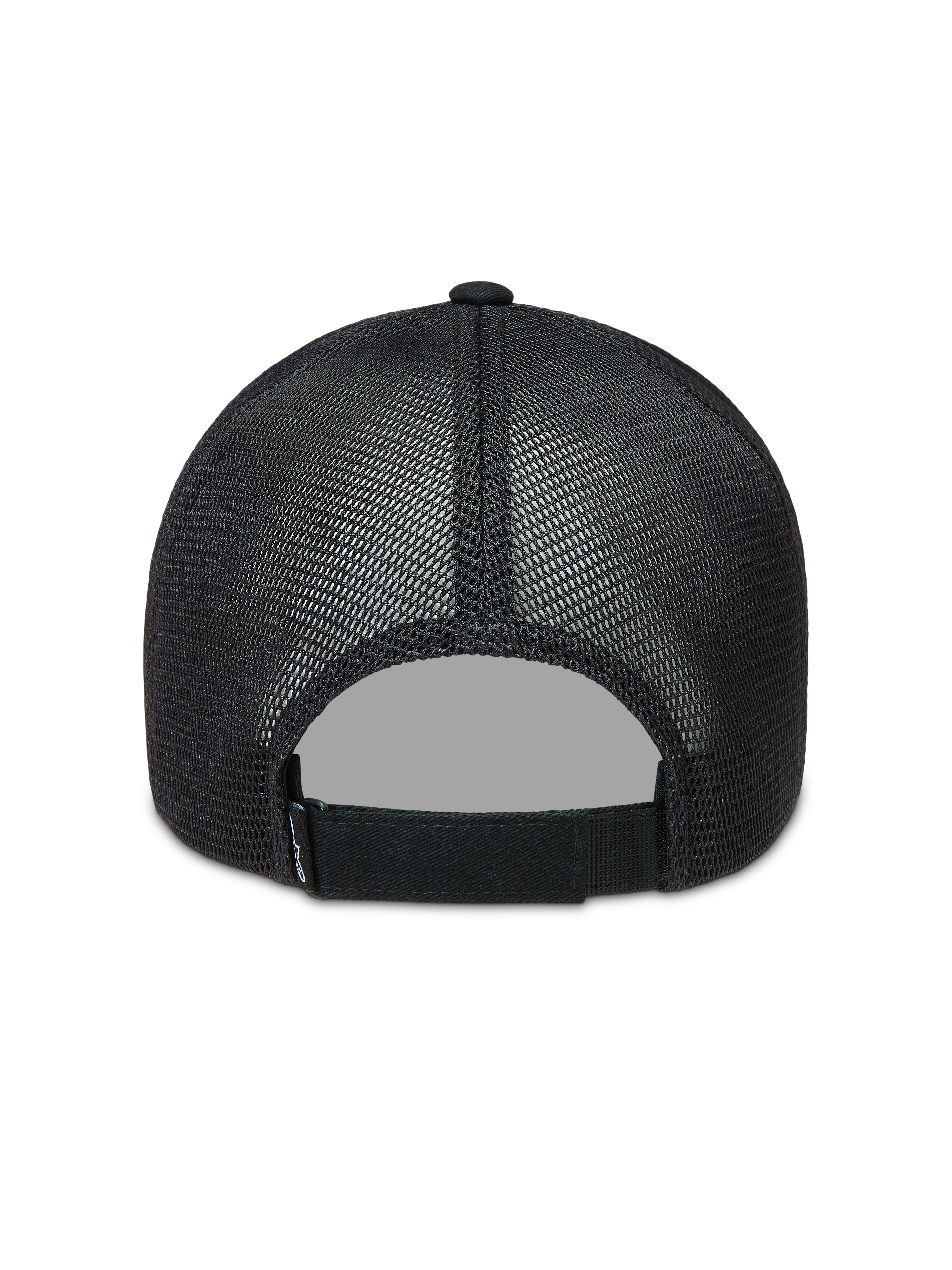 Alpinestars Augment Trucker, casquette trucker noire vue de dos, maille diamant en polyester et fermeture réglable, style sportswear