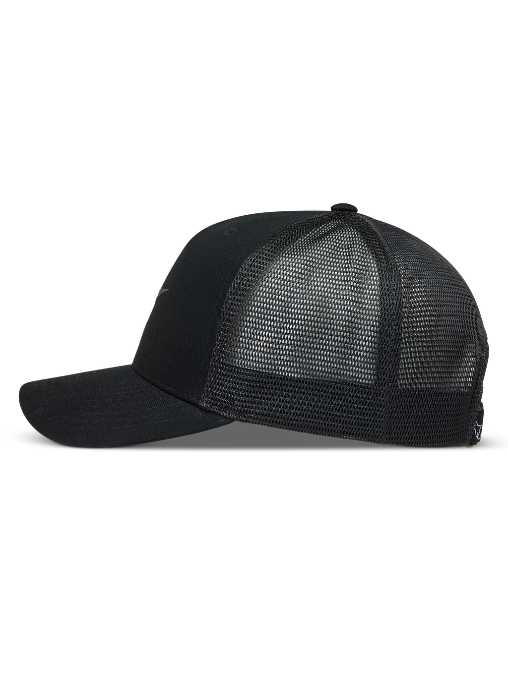 Alpinestars Augment Trucker Casquette, casquette sportswear noire, profil avec visière incurvée et maille diamant respirante.