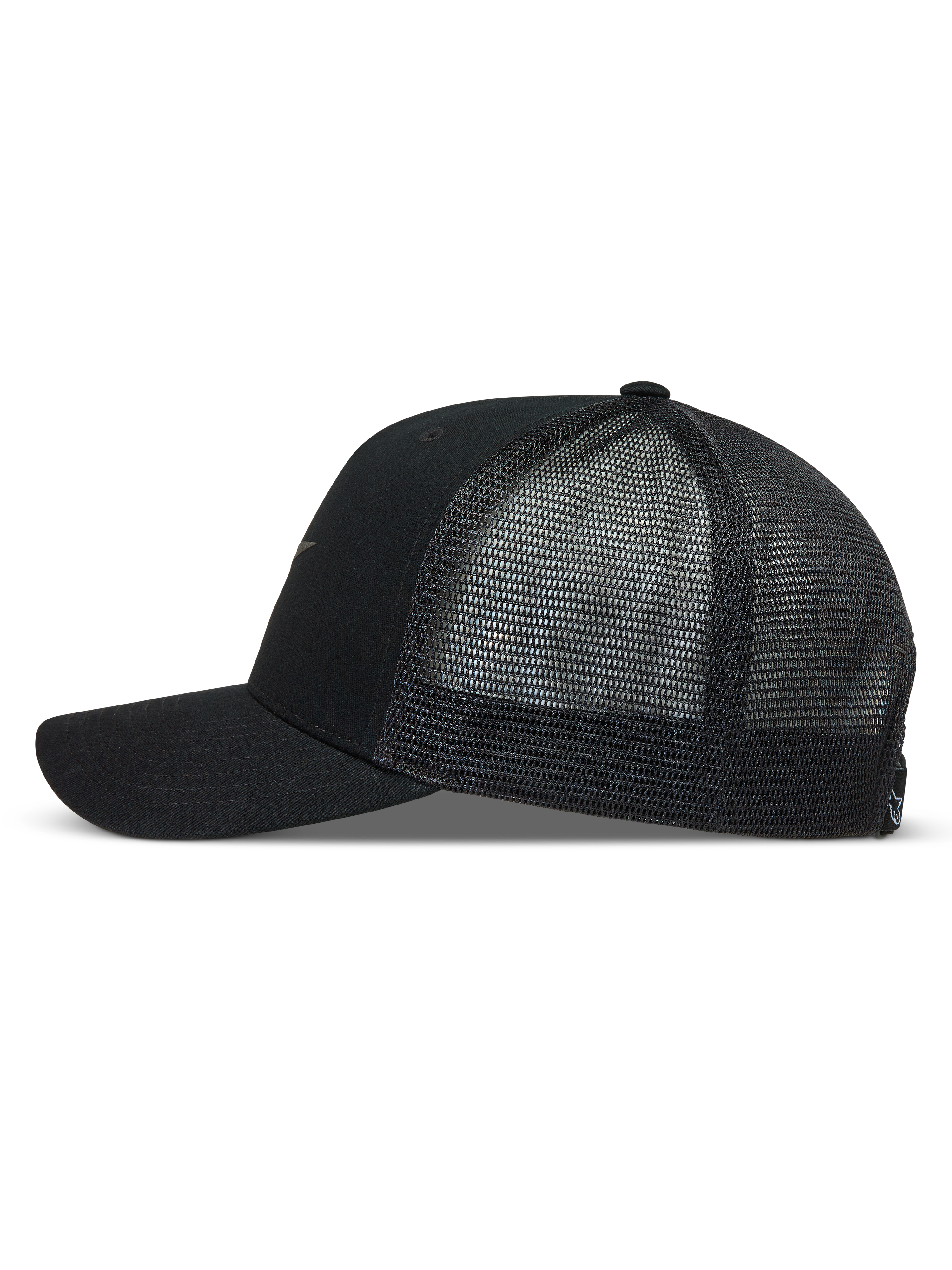 Alpinestars Augment Trucker Casquette, casquette sportswear noire, profil avec visière incurvée et maille diamant respirante.