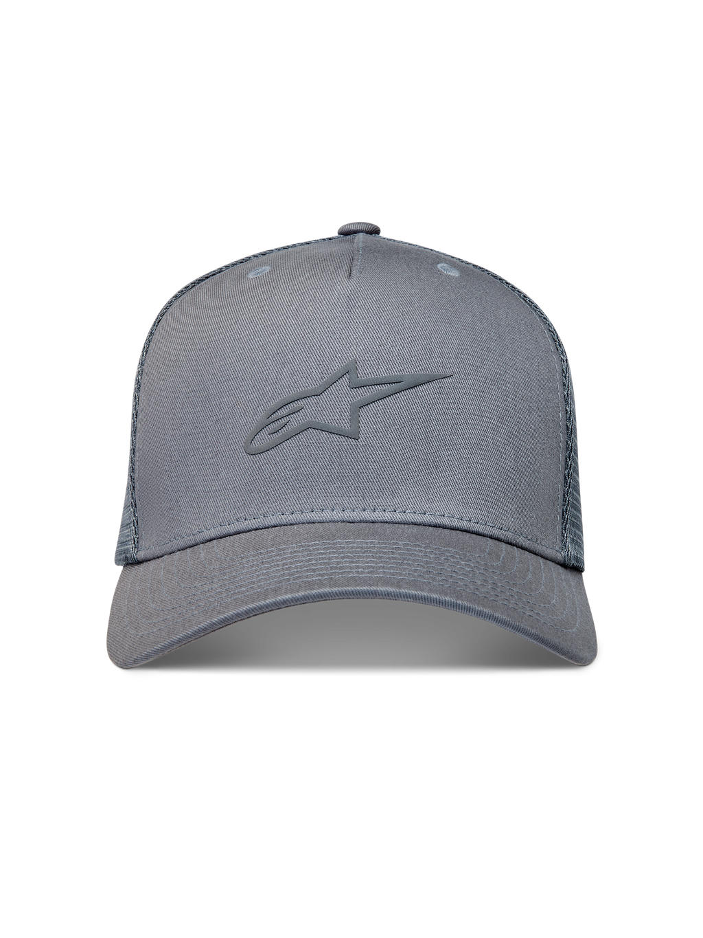 Alpinestars Augment Trucker, casquette sportswear grise avec logo gonflé texturé, visière incurvée et arrière en maille diamant.