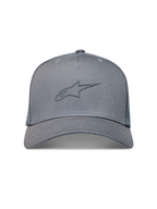 Alpinestars Augment Trucker, casquette sportswear grise avec logo gonflé texturé, visière incurvée et arrière en maille diamant.