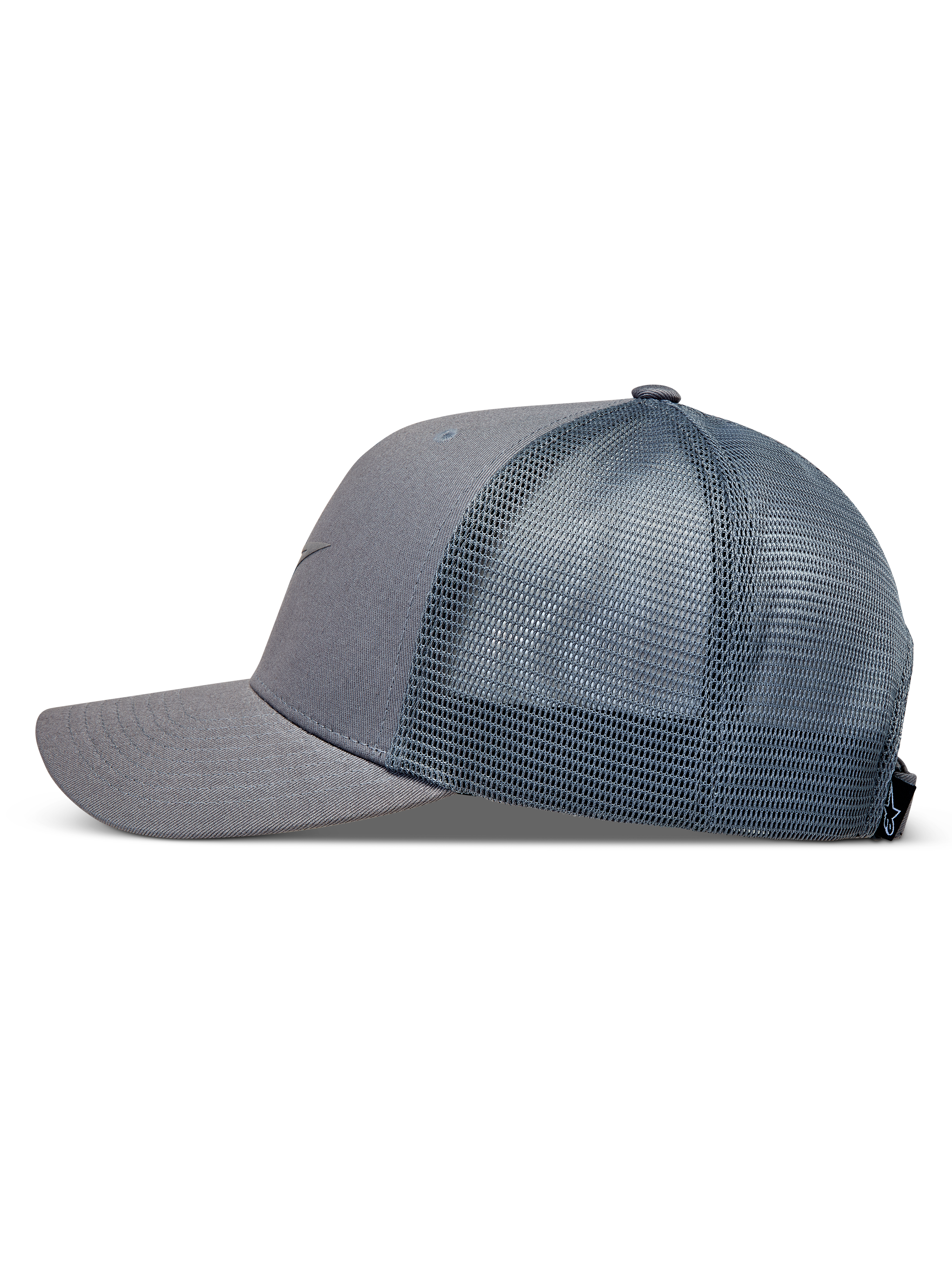 Alpinestars Augment Trucker, casquette trucker grise à visière incurvée et arrière en maille respirante.