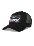 Alpinestars Hemmings Trucker hoed, zwarte pet met mesh achterzijde, geweven logopatch met rode rand en twill voorpaneel.