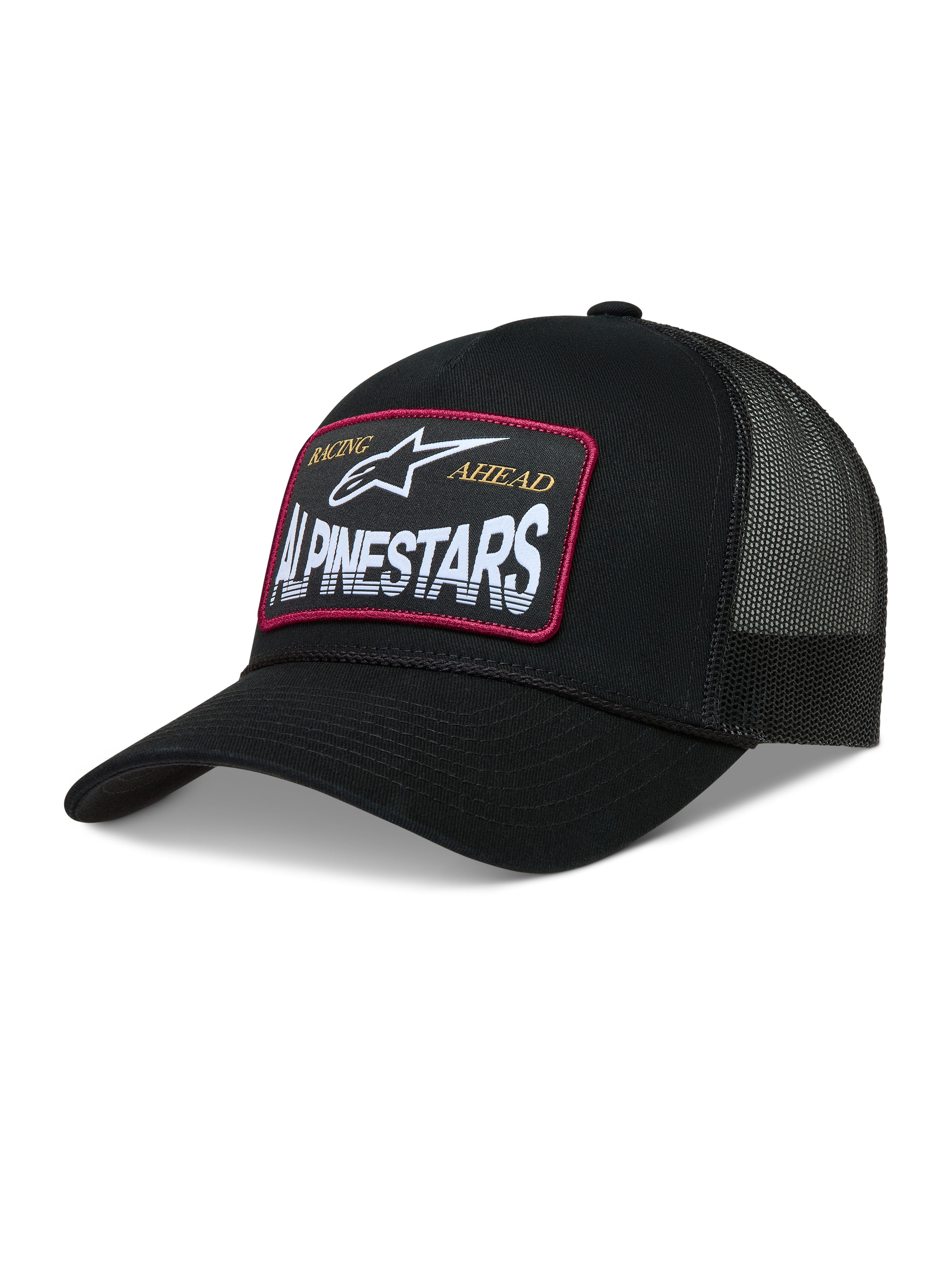 Alpinestars Hemmings Trucker hoed, zwarte pet met mesh achterzijde, geweven logopatch met rode rand en twill voorpaneel.