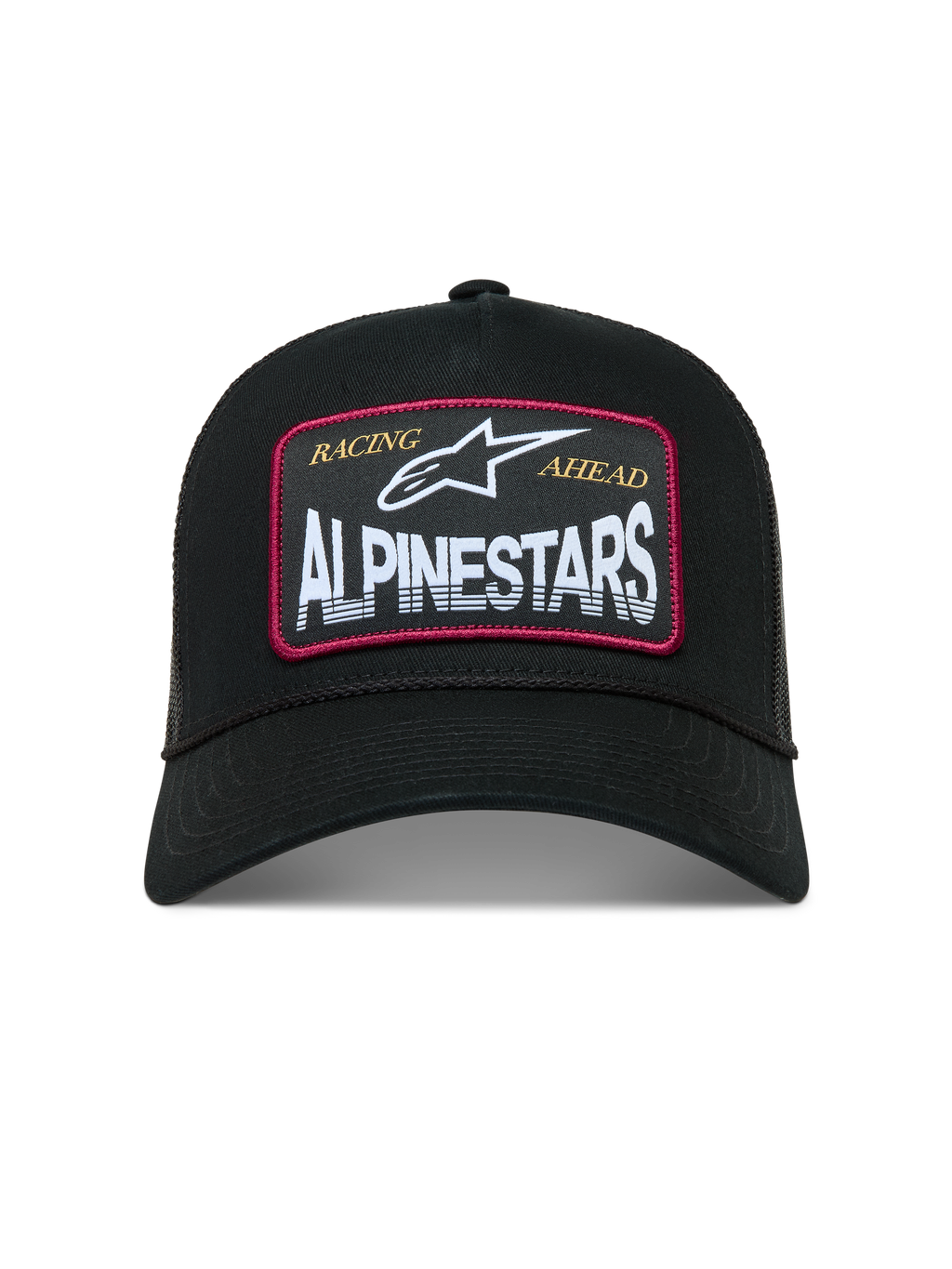 Alpinestars Hemmings Trucker pet, zwarte pet met witte geweven logopatch en rode accenten, ademende mesh achterzijde.