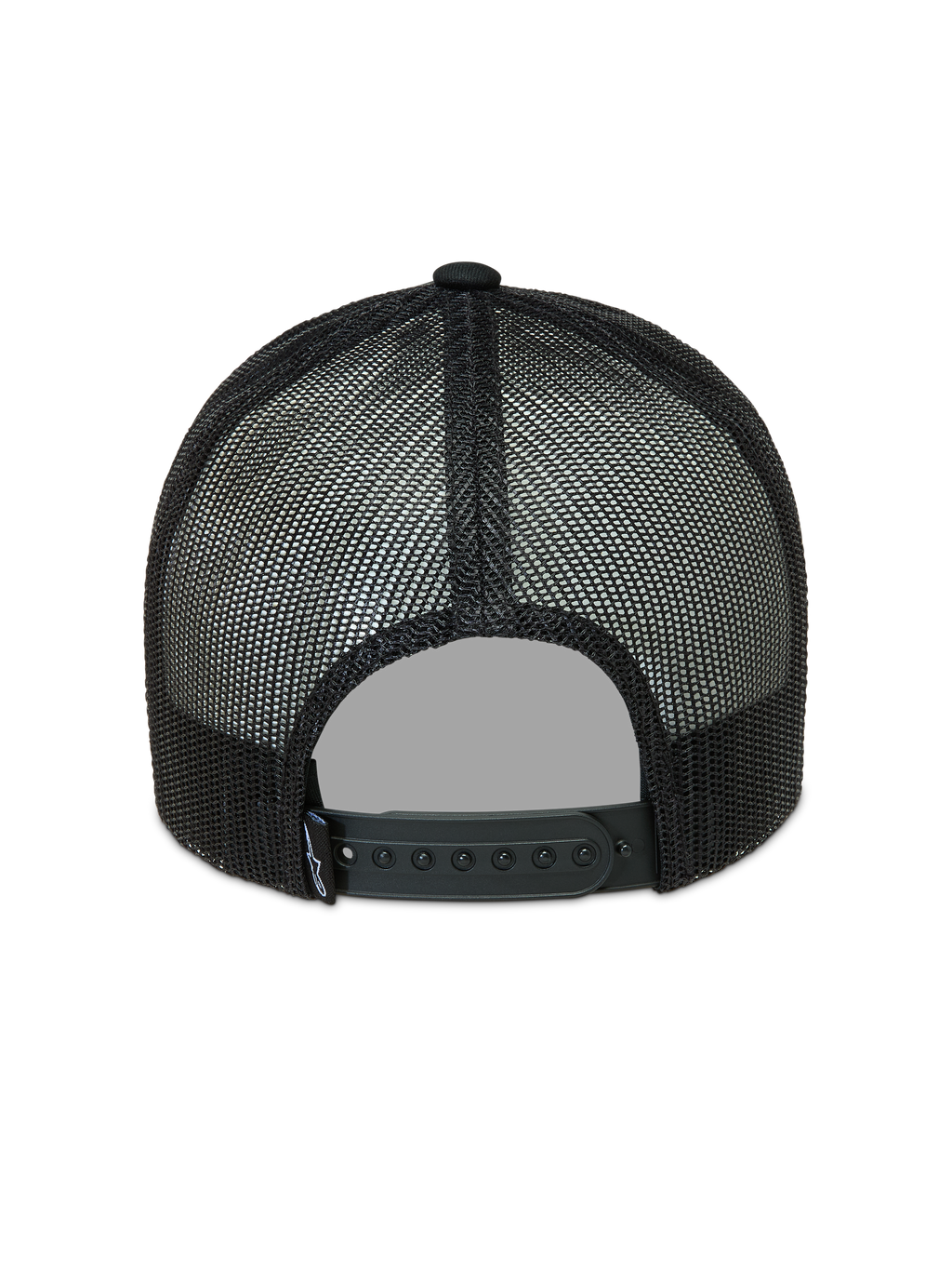 Alpinestars Hemmings Trucker hoed, zwarte trucker pet met ademende mesh panelen en een verstelbare snapback-sluiting, achteraanzicht.