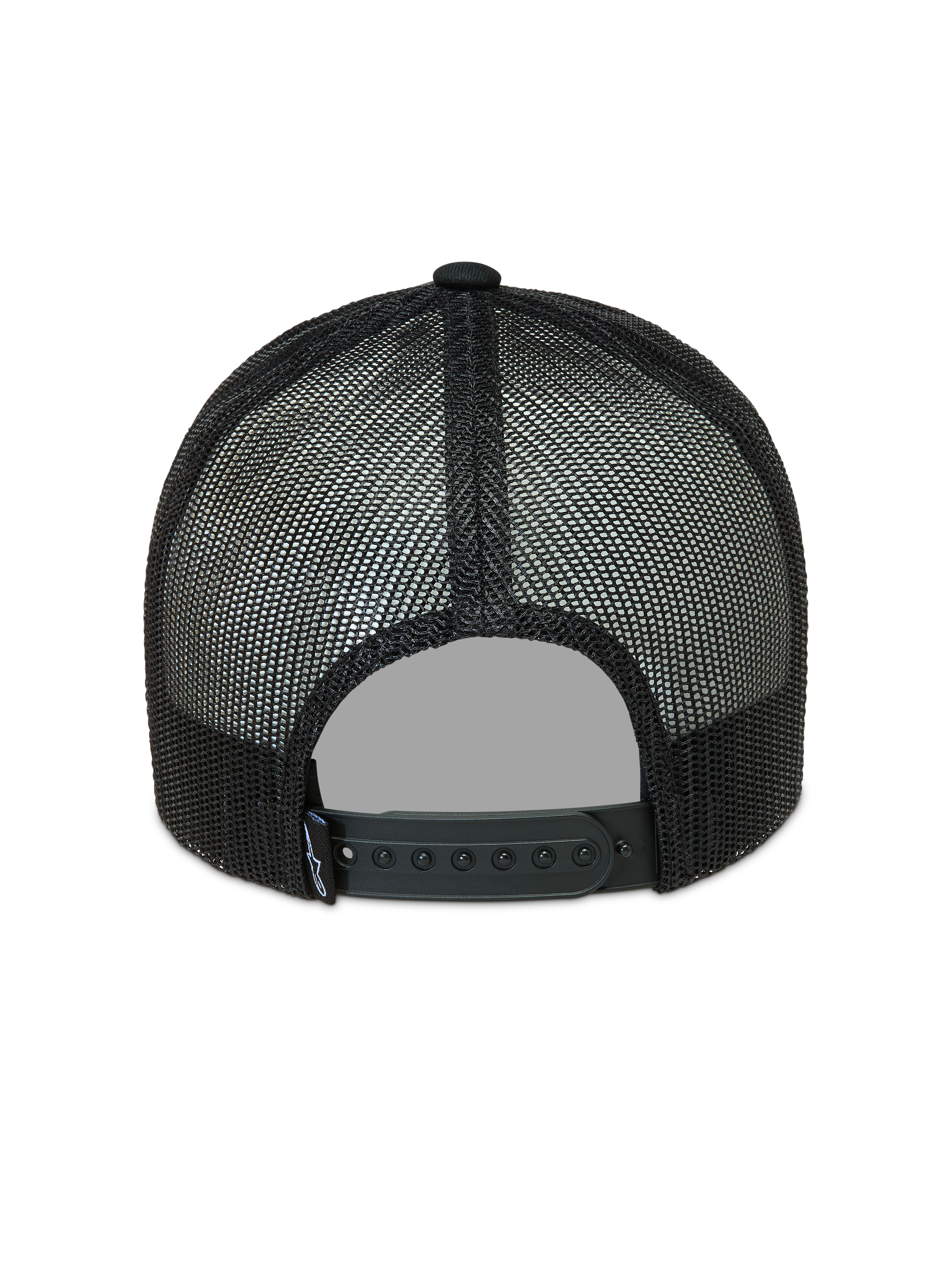 Alpinestars Hemmings Trucker hoed, zwarte trucker pet met ademende mesh panelen en een verstelbare snapback-sluiting, achteraanzicht.