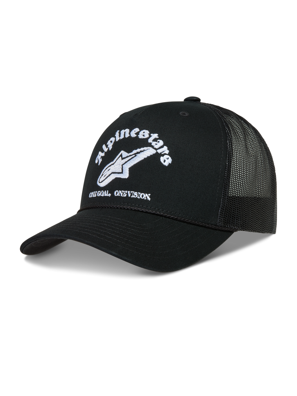 Alpinestars Baron Trucker, casquette trucker de sportswear noire et blanche, visière courbée et arrière en maille mesh respirante avec logo brodé.