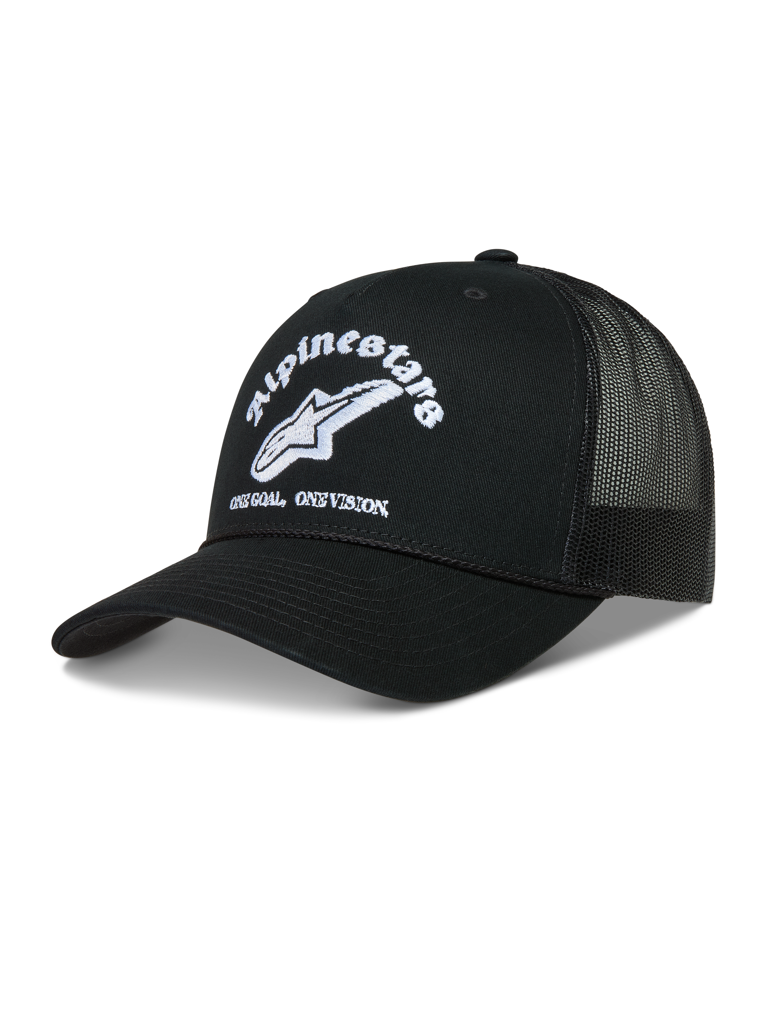 Alpinestars Baron Trucker, casquette trucker de sportswear noire et blanche, visière courbée et arrière en maille mesh respirante avec logo brodé.